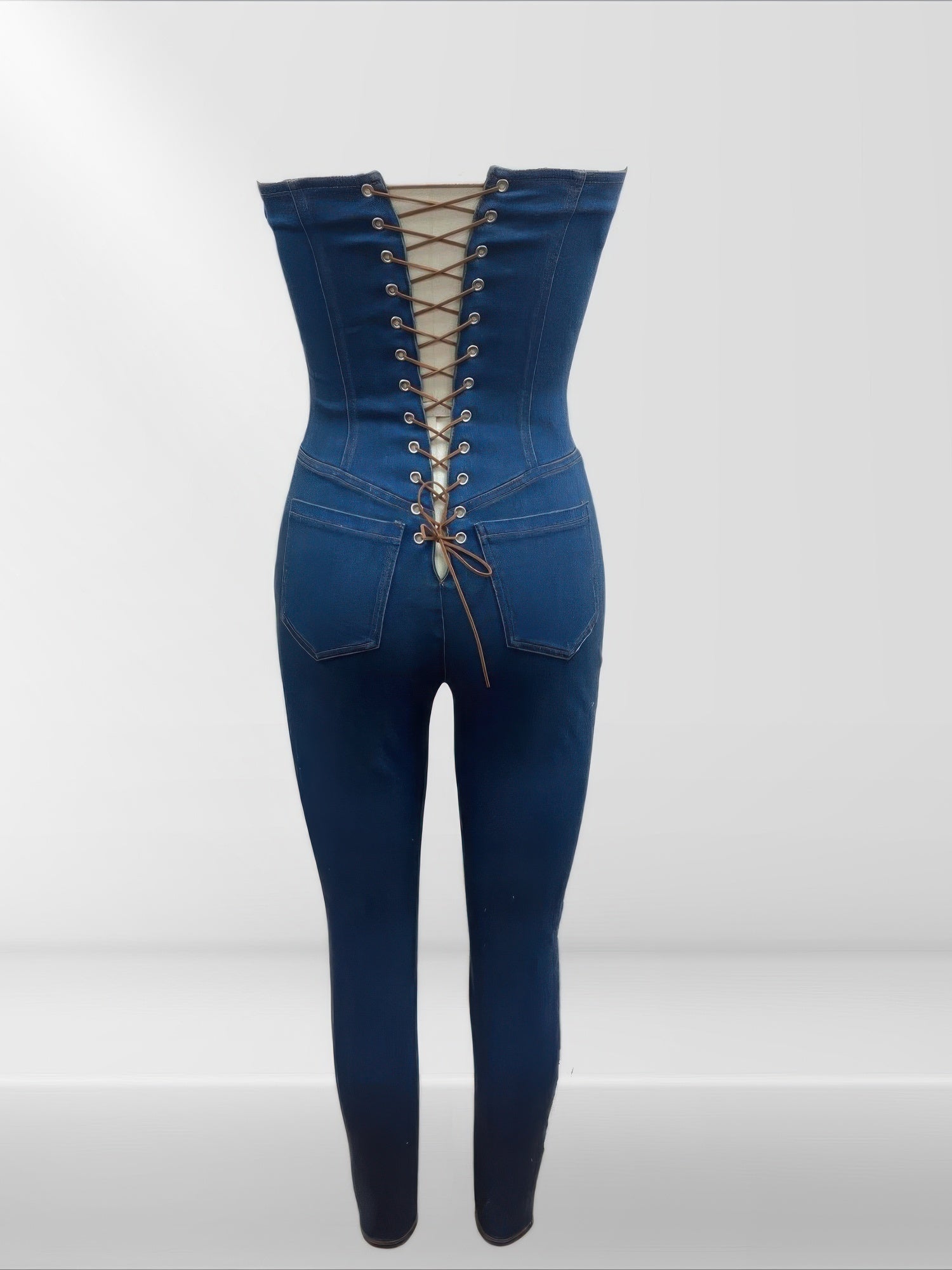 Strapless Denim Jumpsuit With Lace Up Back product image
