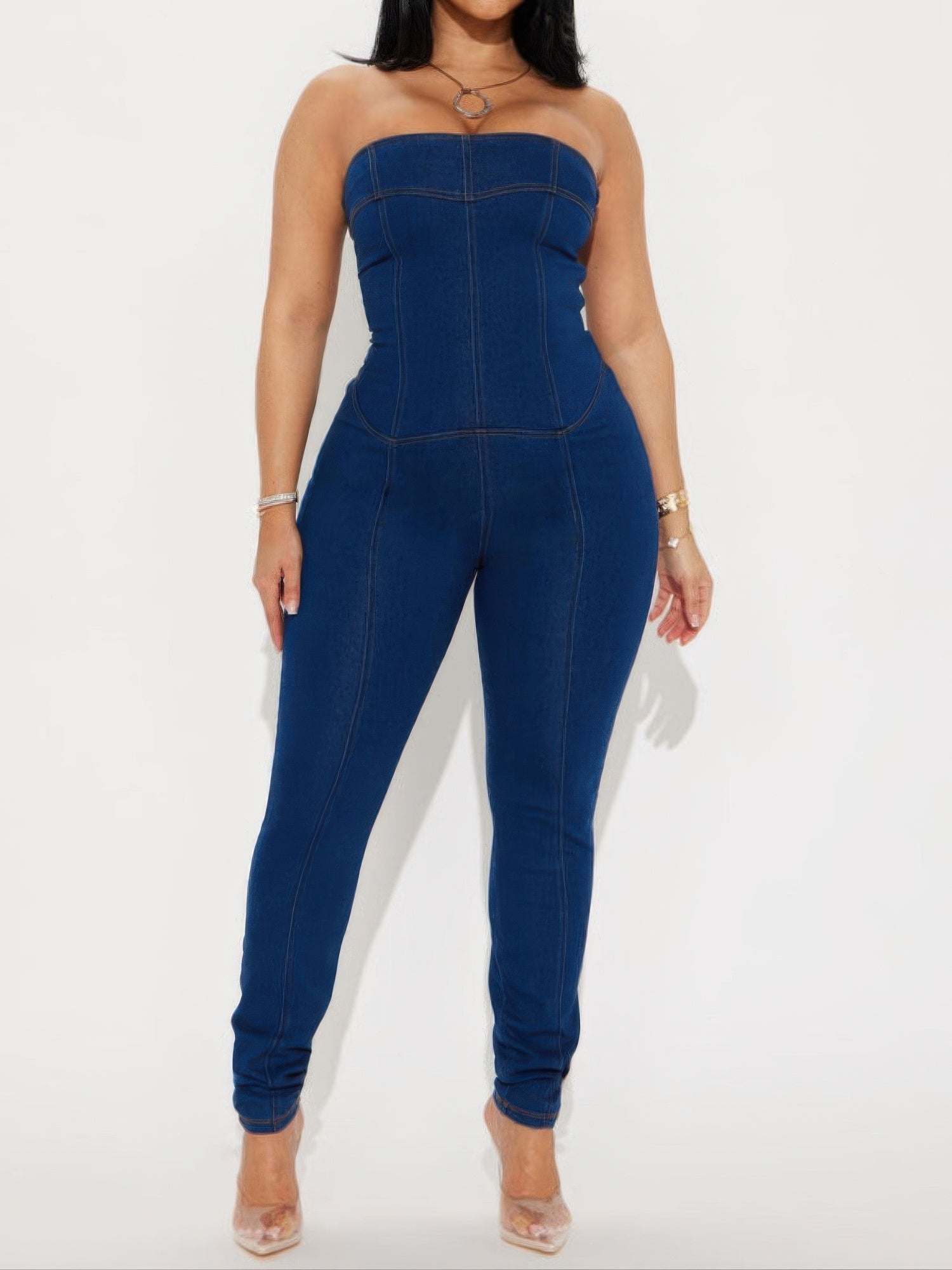 Strapless Denim Jumpsuit With Lace Up Back product image