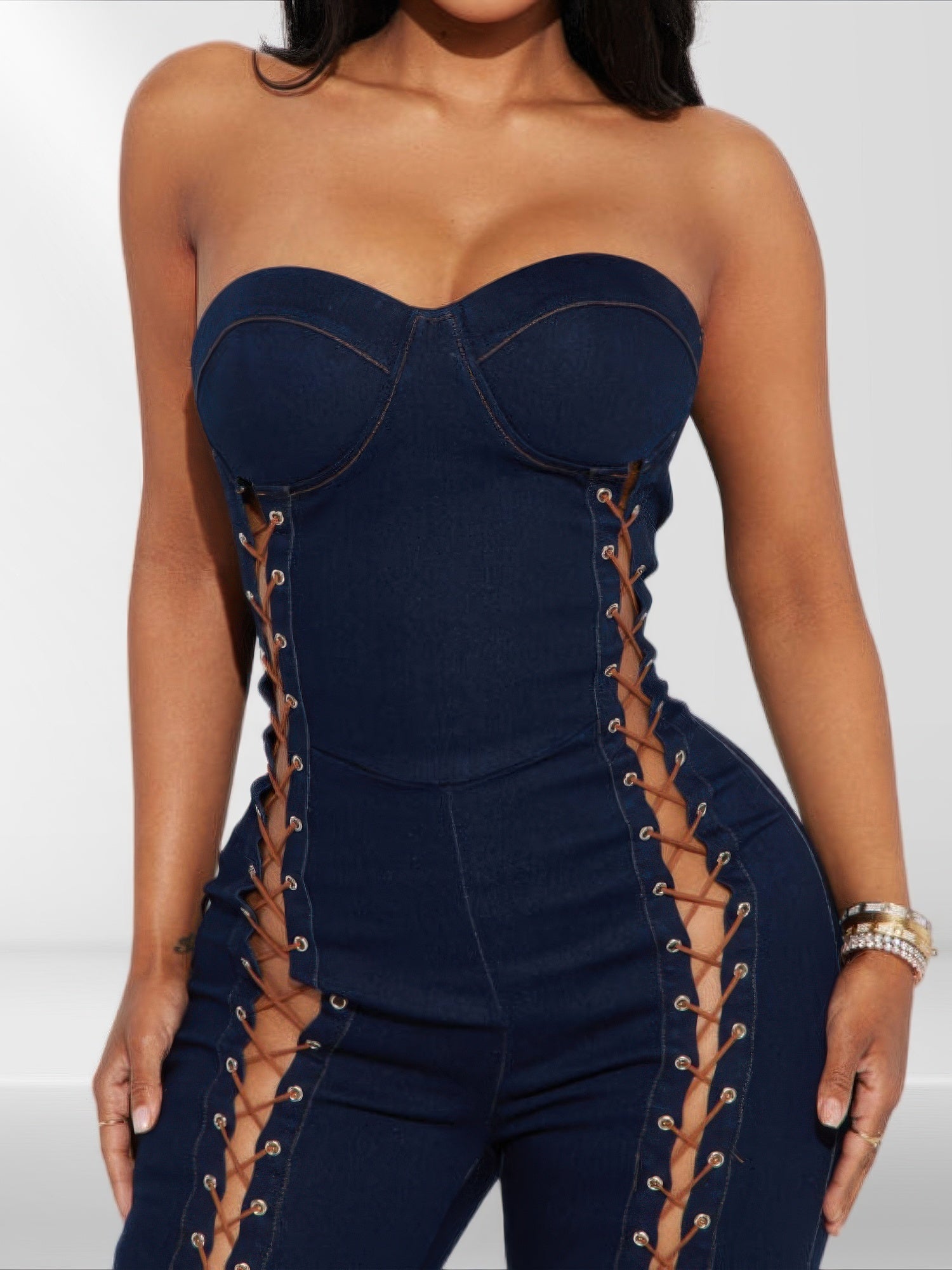 Lace Up Detail Denim Jumpsuit product image
