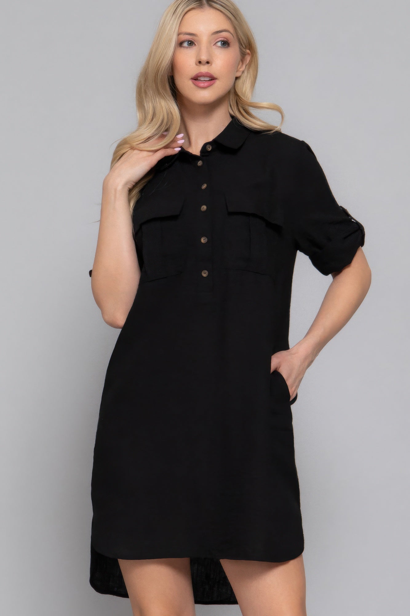 Roll Up Short Slv Straight Linen Effect Mini Dress product image