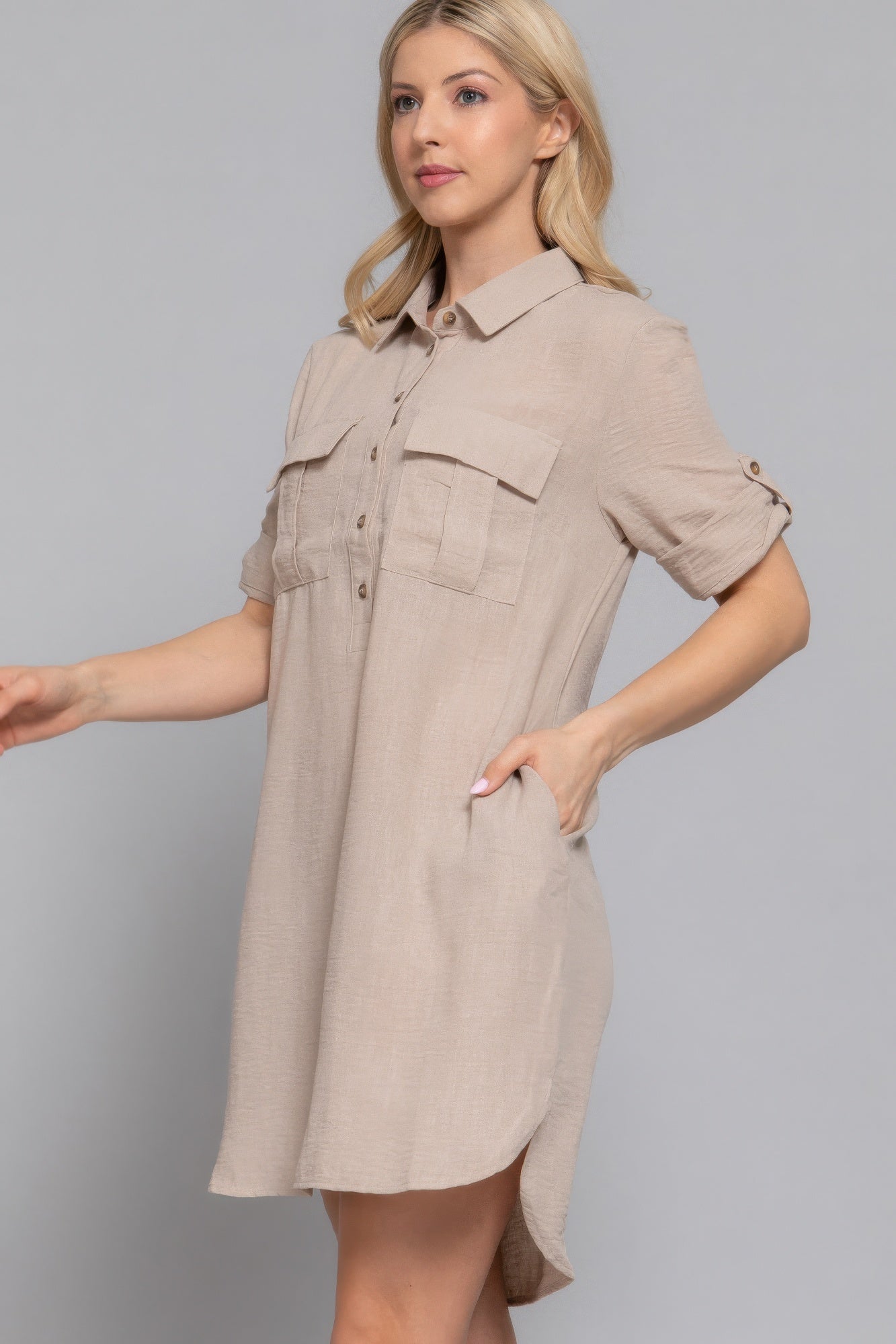 Roll Up Short Slv Straight Linen Effect Mini Dress product image