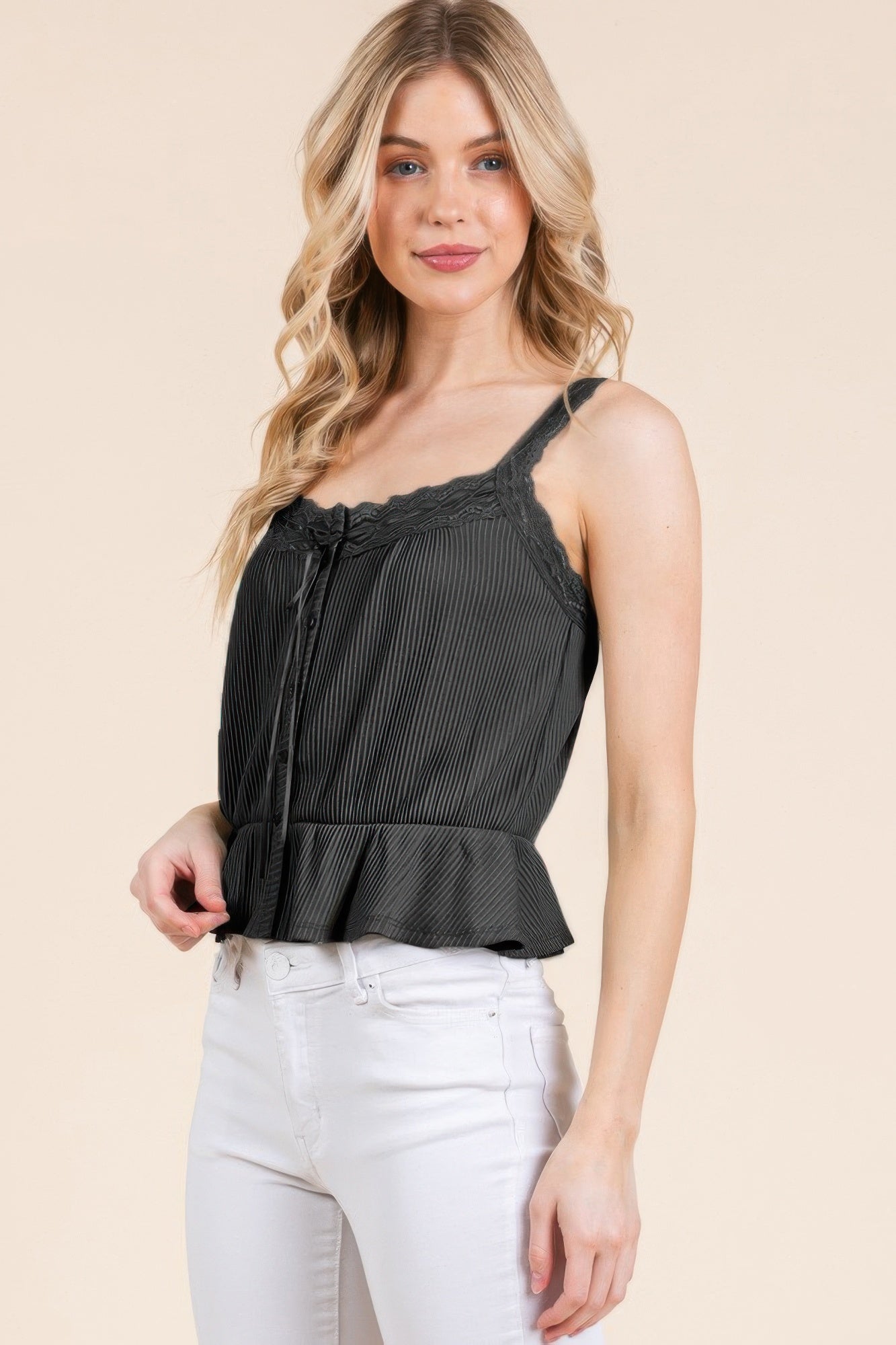 Lace Peplum Tie Front Ribbed Cami Top product image