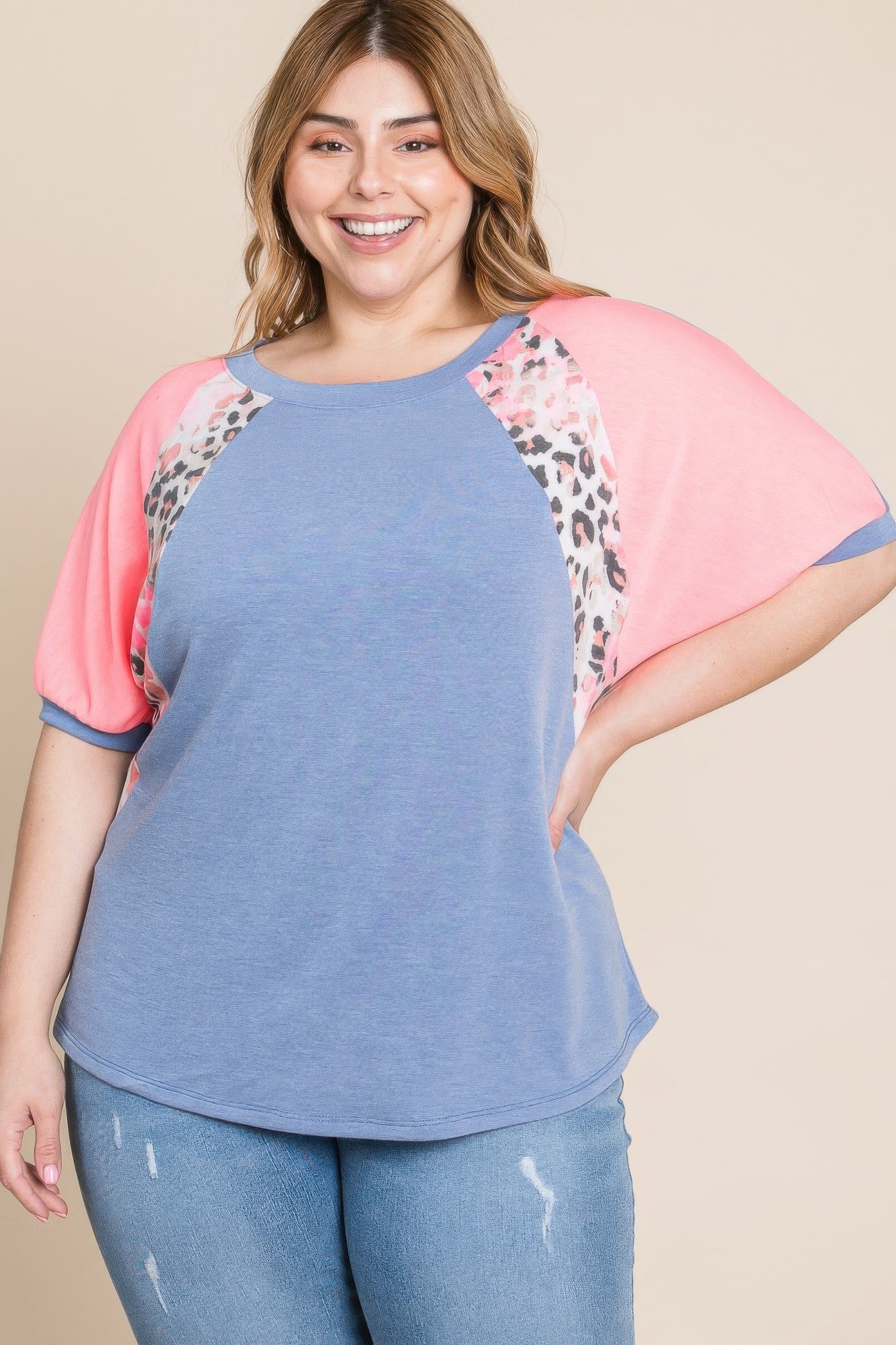 Plus Size Neon Animal Print Contrast Casual Top product image