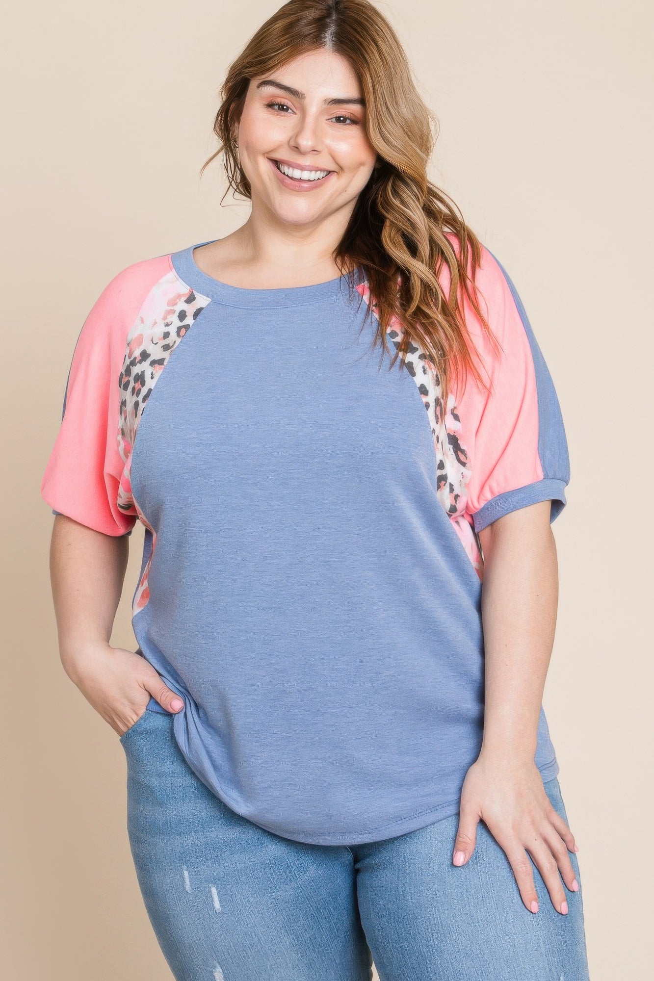 Plus Size Neon Animal Print Contrast Casual Top product image