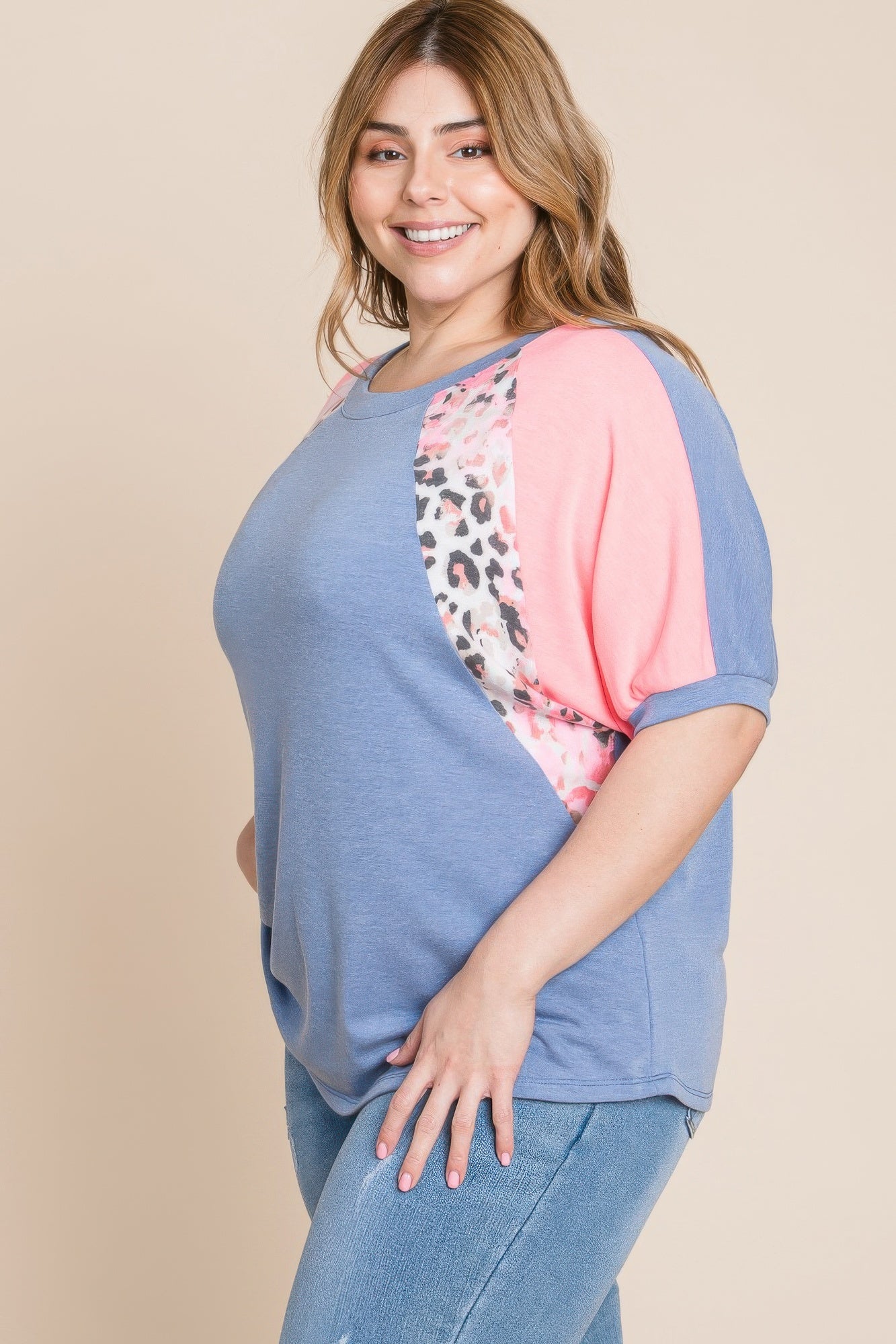 Plus Size Neon Animal Print Contrast Casual Top product image