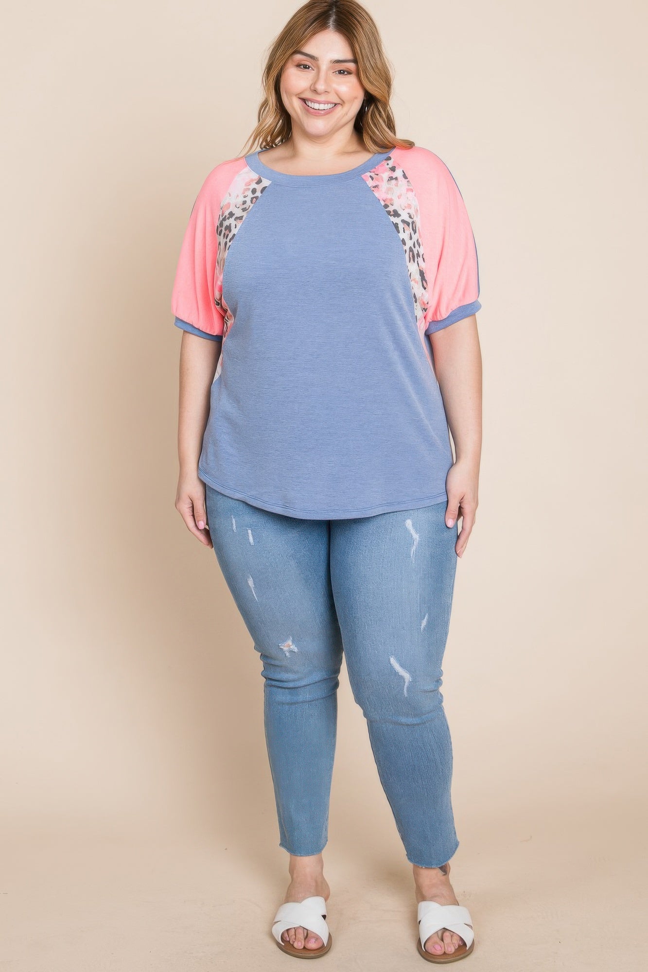 Plus Size Neon Animal Print Contrast Casual Top product image