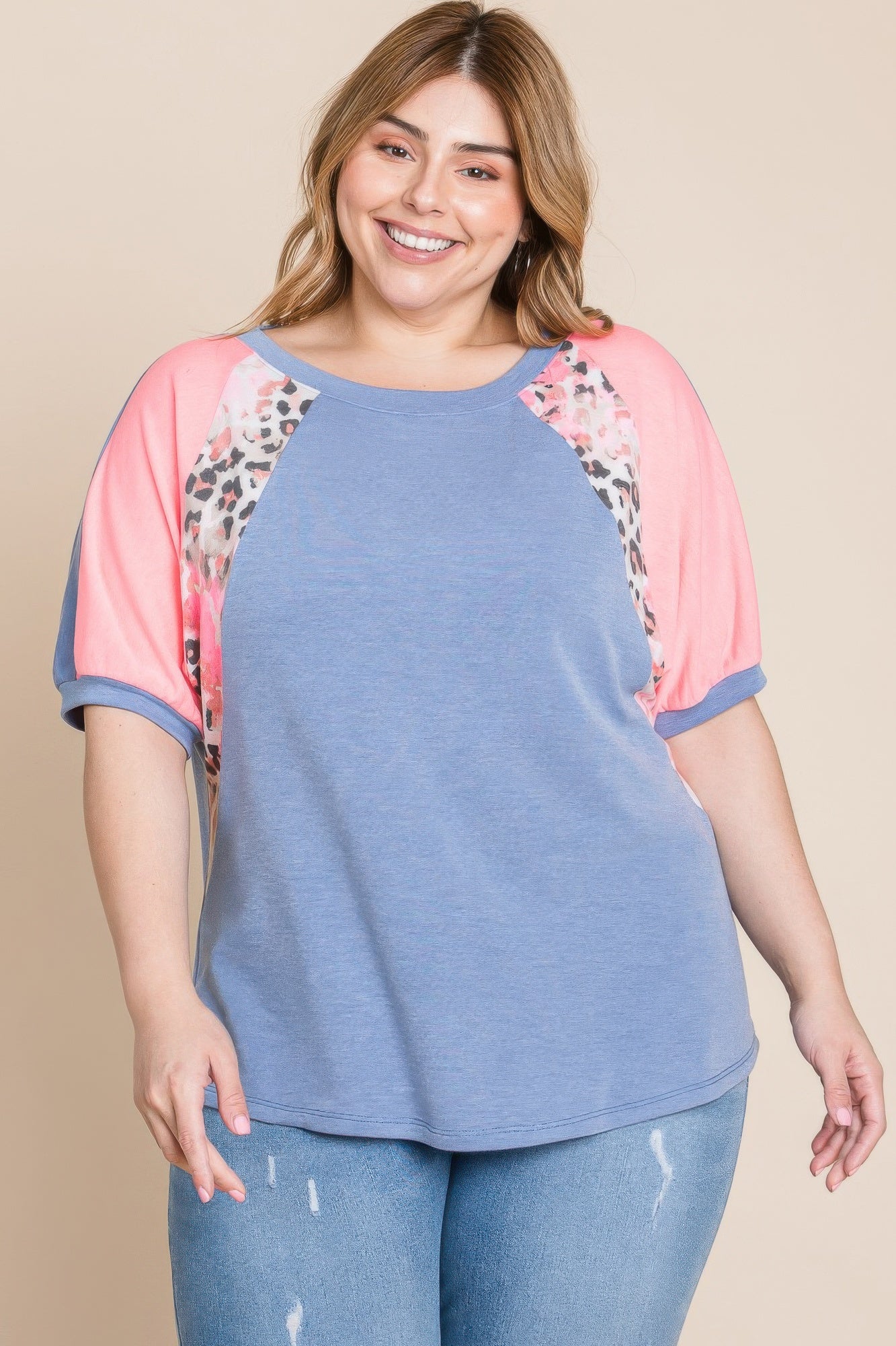 Plus Size Neon Animal Print Contrast Casual Top product image