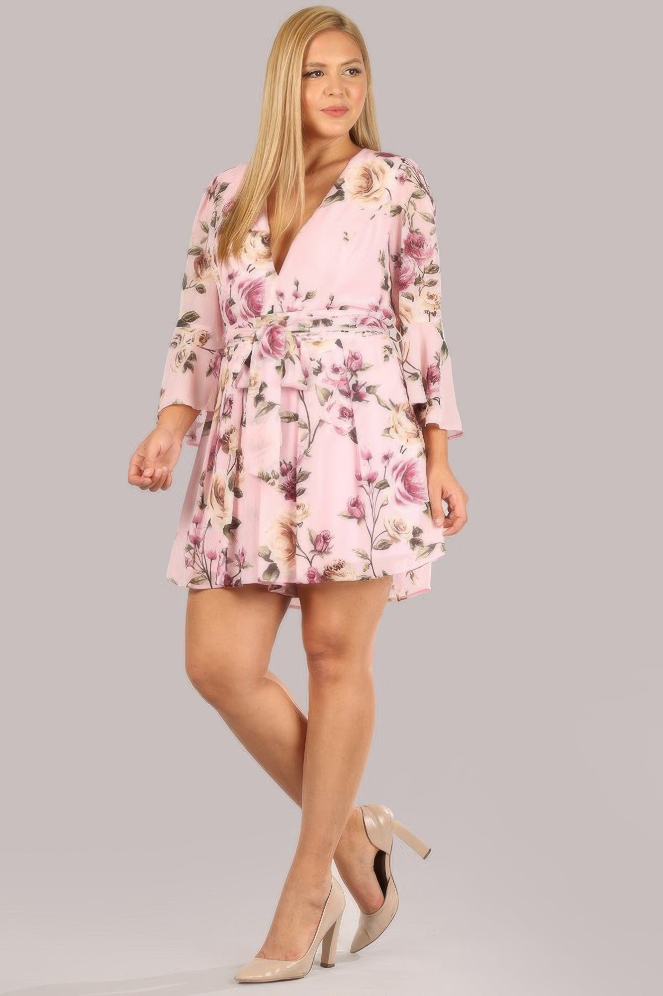 Floral Chiffon 3 4 Sleeve Tie Waist Romper product image
