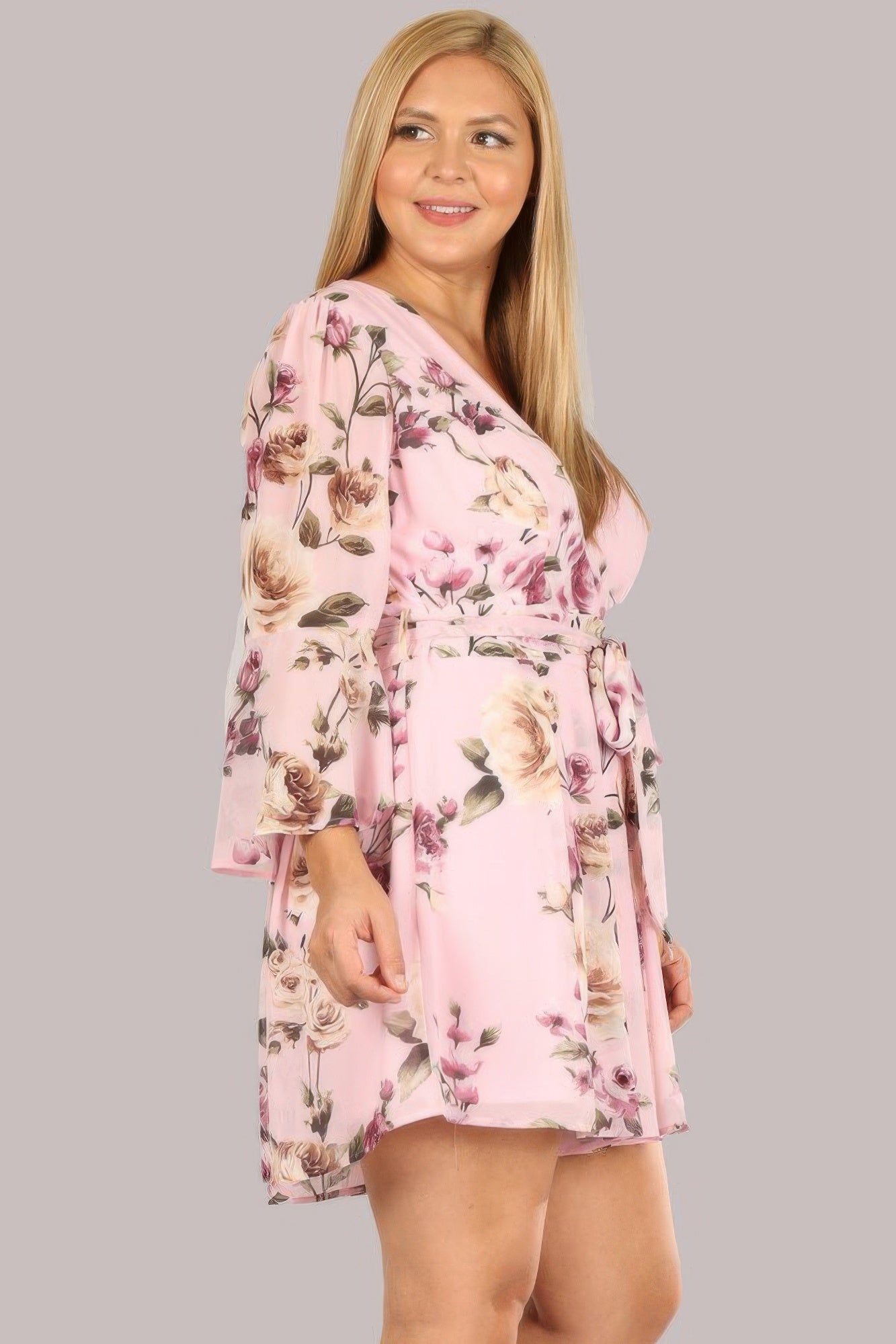 Floral Chiffon 3 4 Sleeve Tie Waist Romper product image