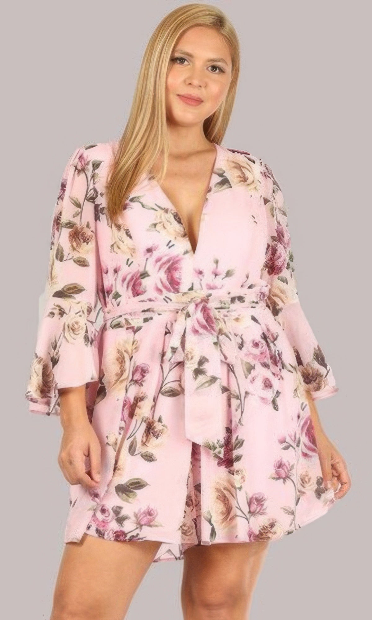Floral Chiffon 3 4 Sleeve Tie Waist Romper product image