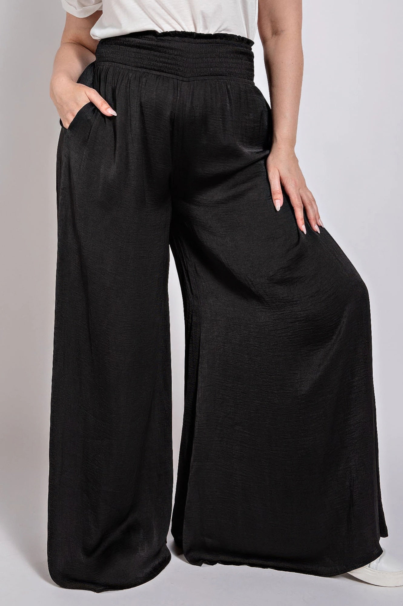 Washed Satin Wide Pants With Waist Smocked product image