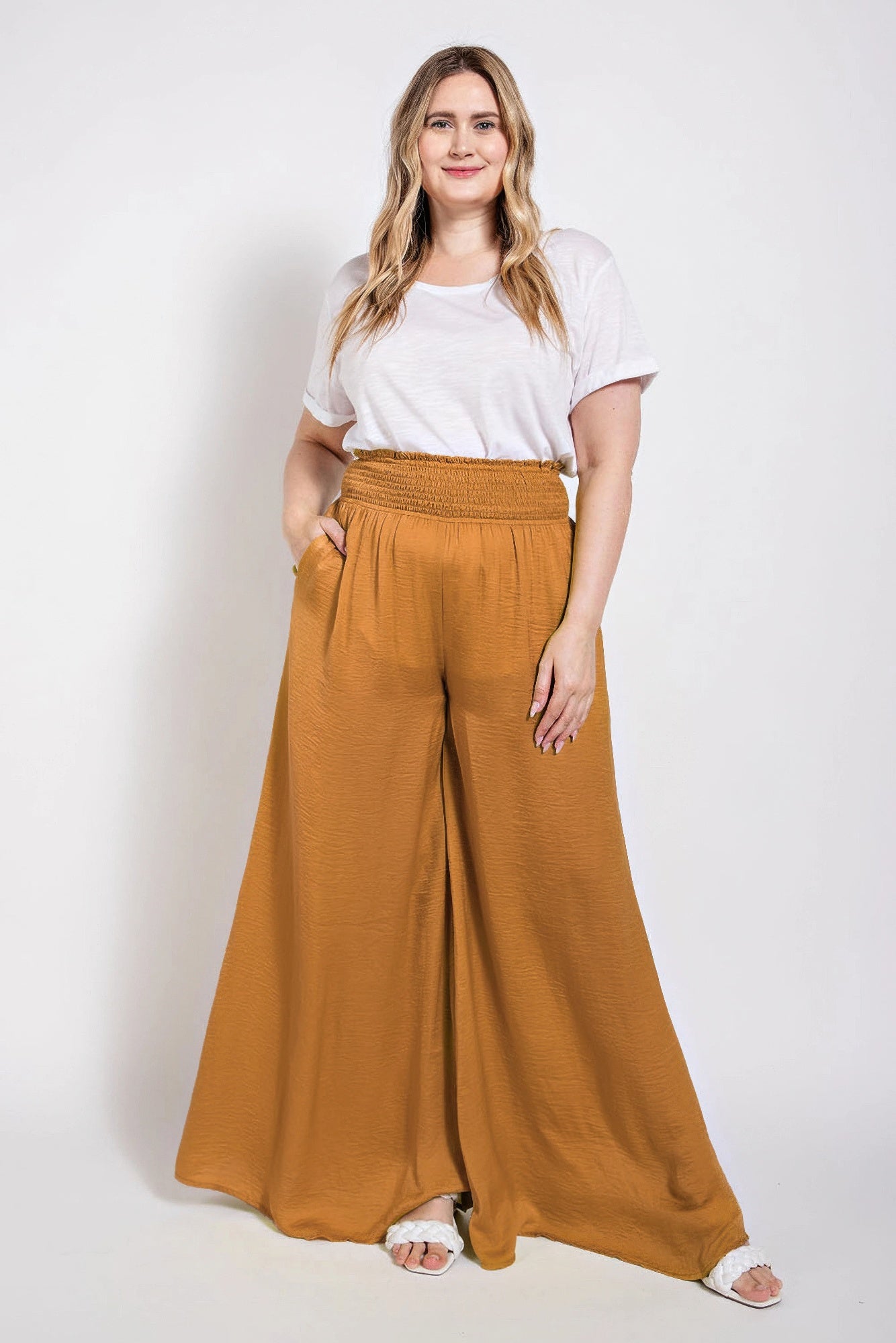 Washed Satin Wide Pants With Waist Smocked product image