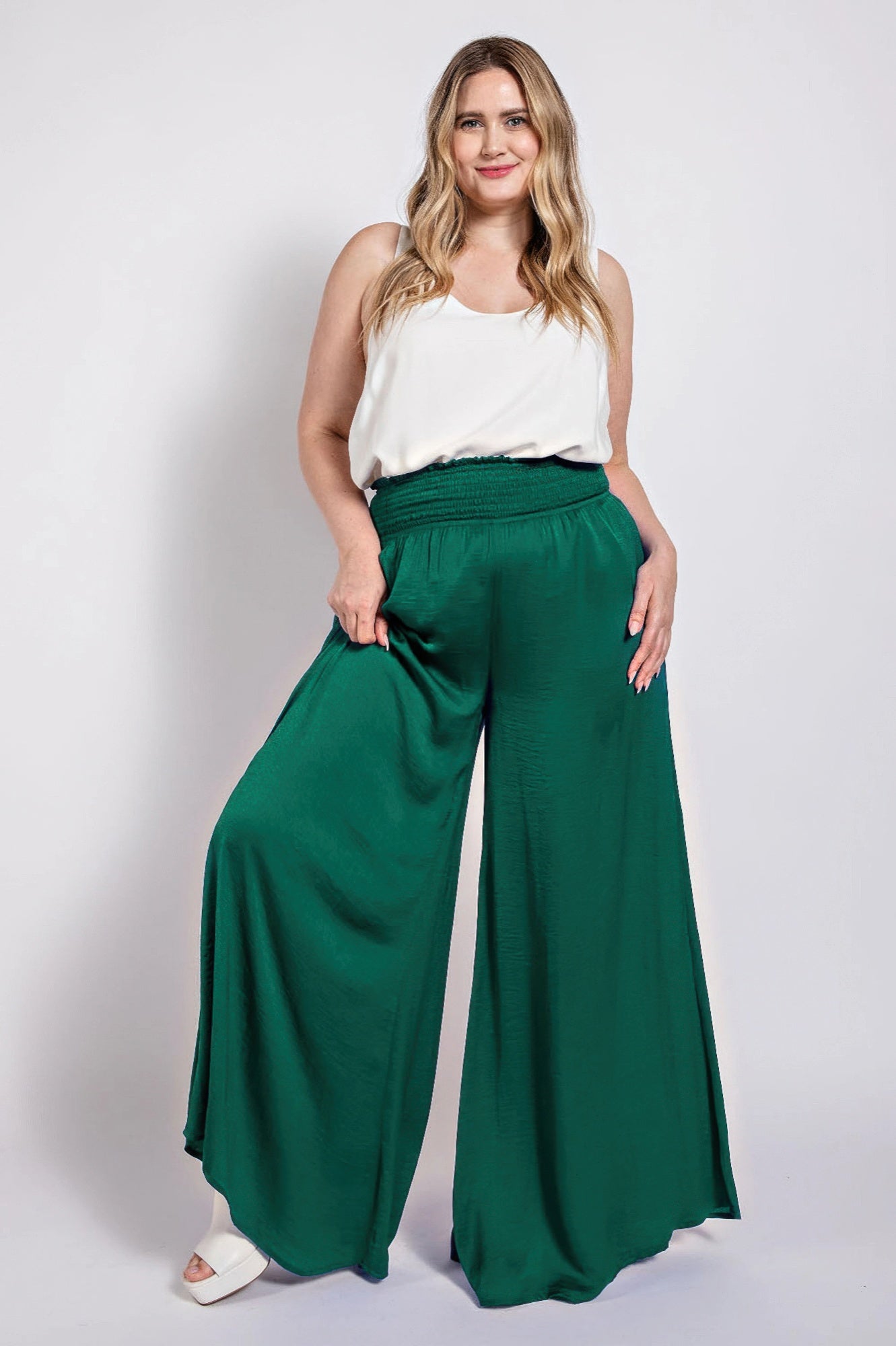 Washed Satin Wide Pants With Waist Smocked product image