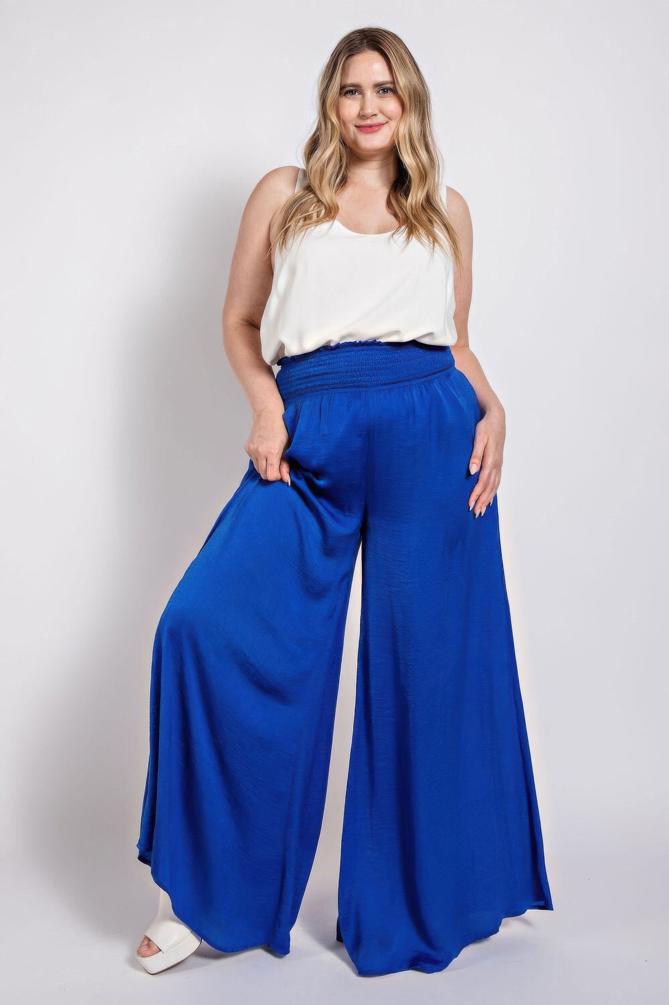 Washed Satin Wide Pants With Waist Smocked product image