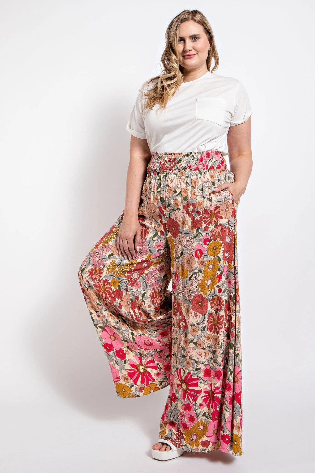 Flare Wide Leg And Waist Smocked Pants With Side Pocket product image