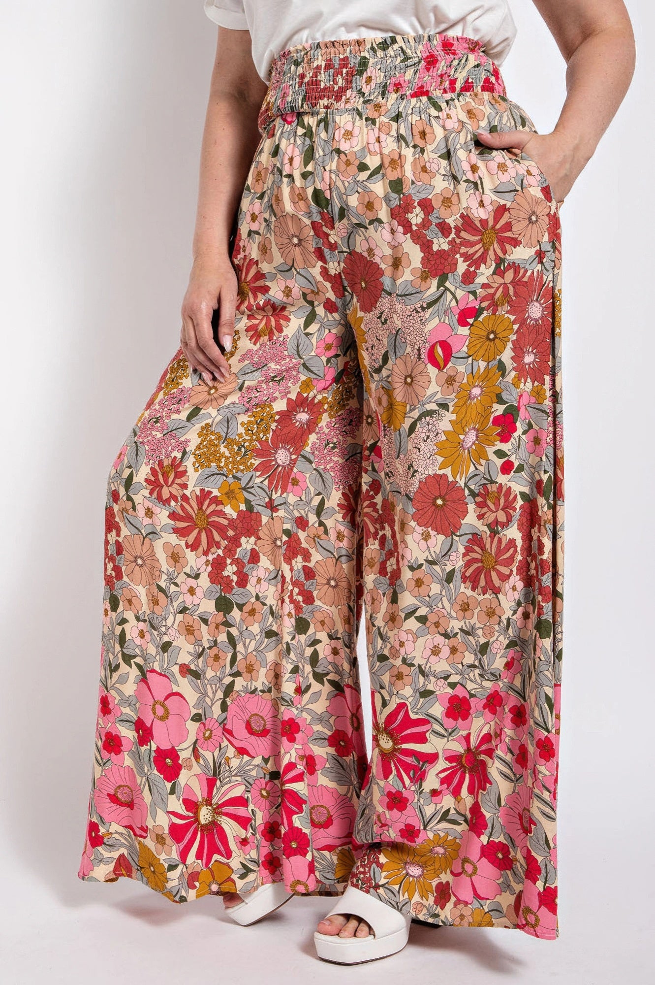 Flare Wide Leg And Waist Smocked Pants With Side Pocket product image