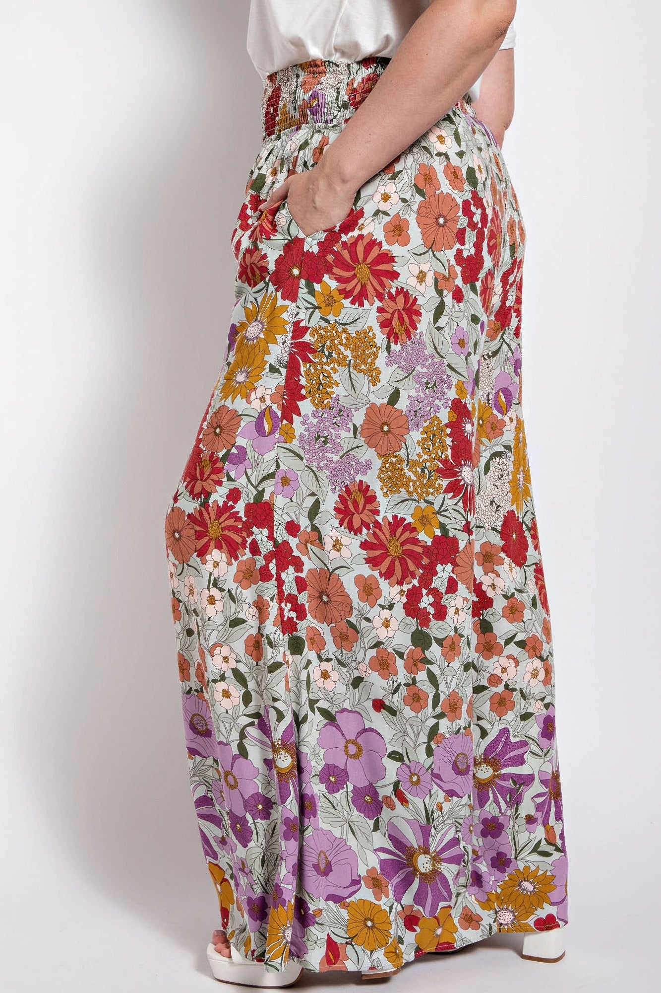 Flare Wide Leg And Waist Smocked Pants With Side Pocket product image