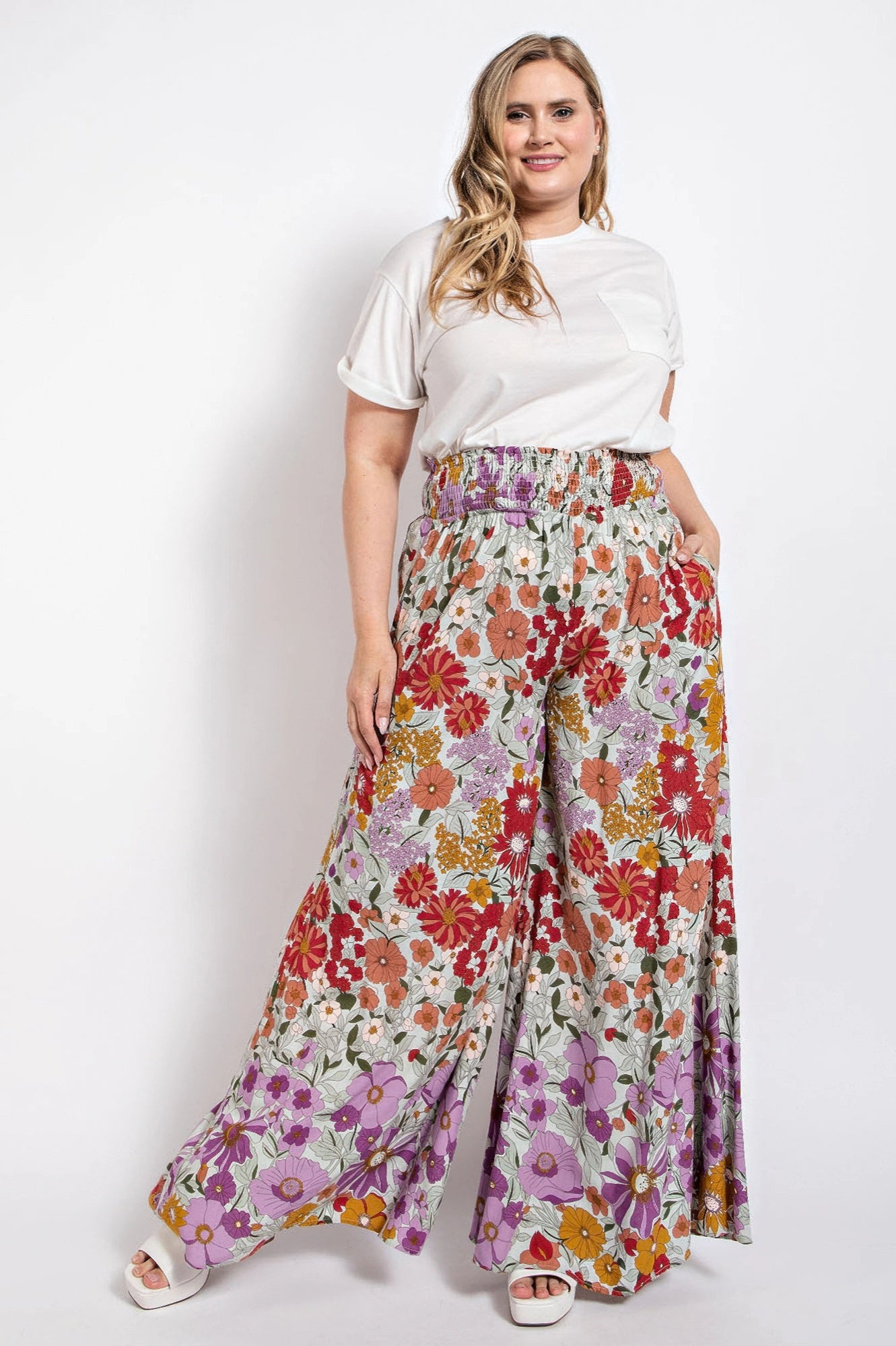 Flare Wide Leg And Waist Smocked Pants With Side Pocket product image