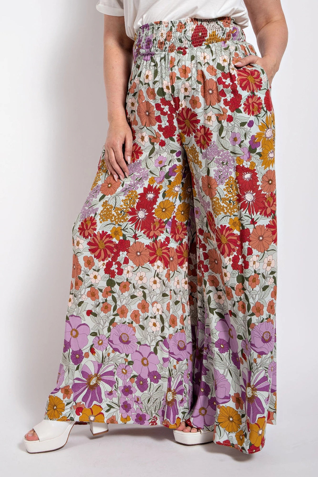 Flare Wide Leg And Waist Smocked Pants With Side Pocket product image