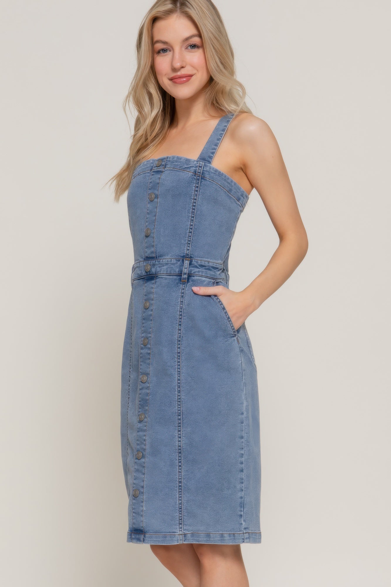 Button Down Placket Stretch Denim Dress product image