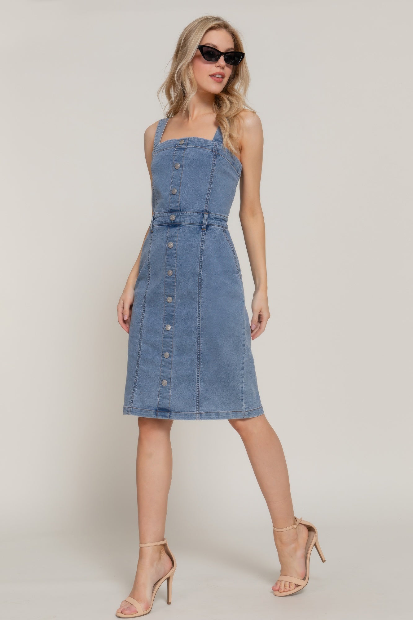 Button Down Placket Stretch Denim Dress product image