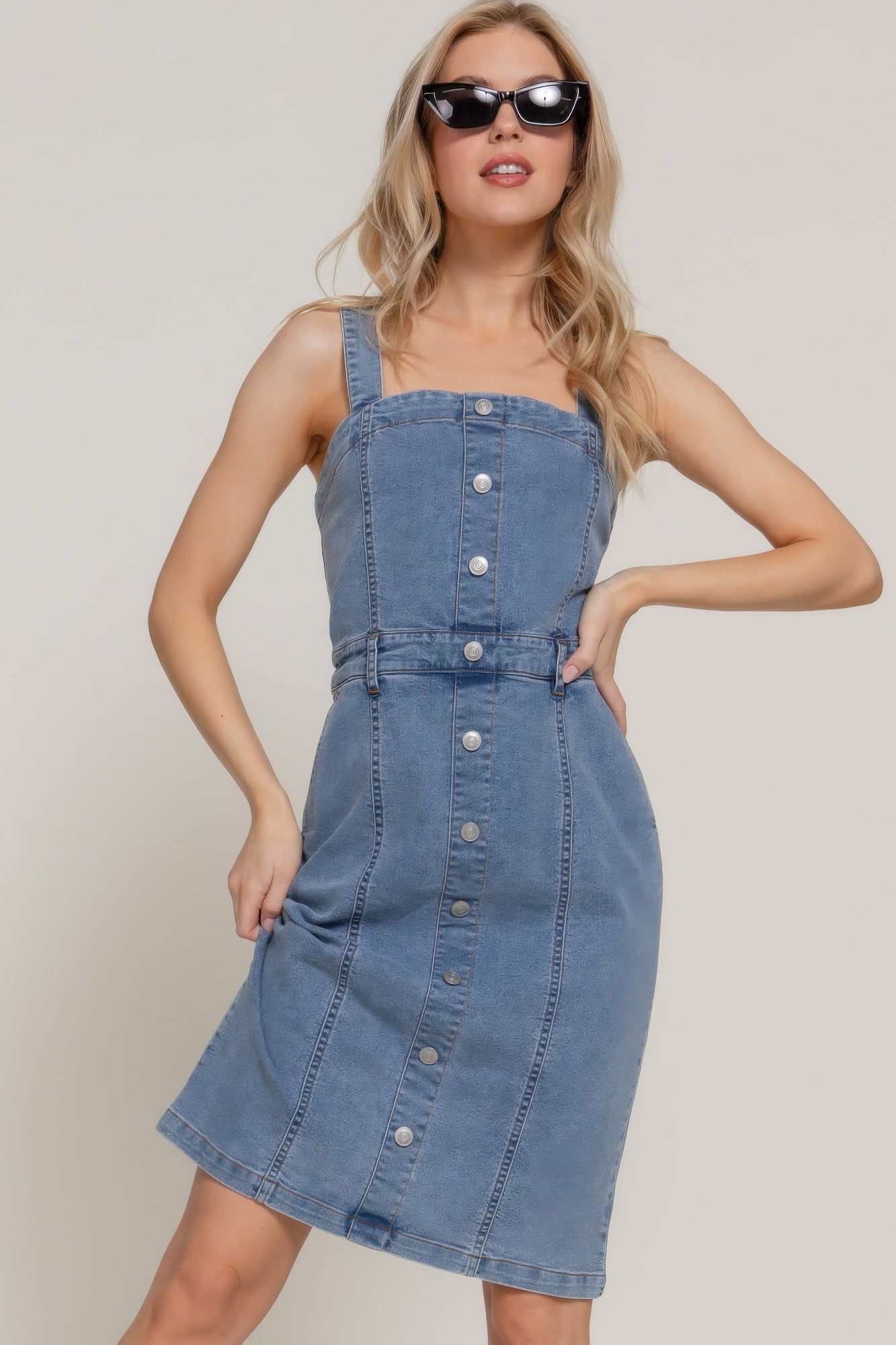 Button Down Placket Stretch Denim Dress product image