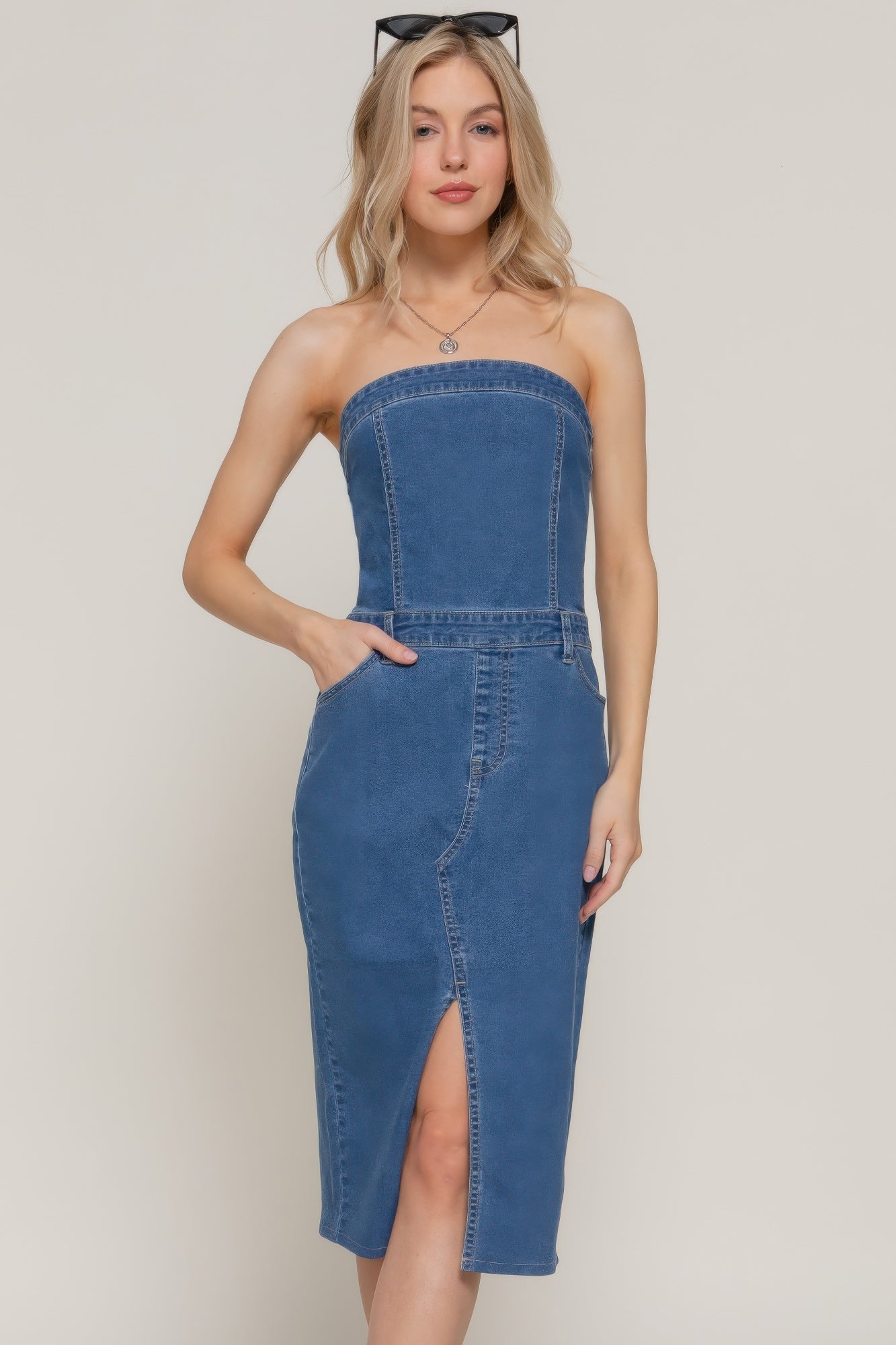 Stretch Denim Slit Tube Dress product image
