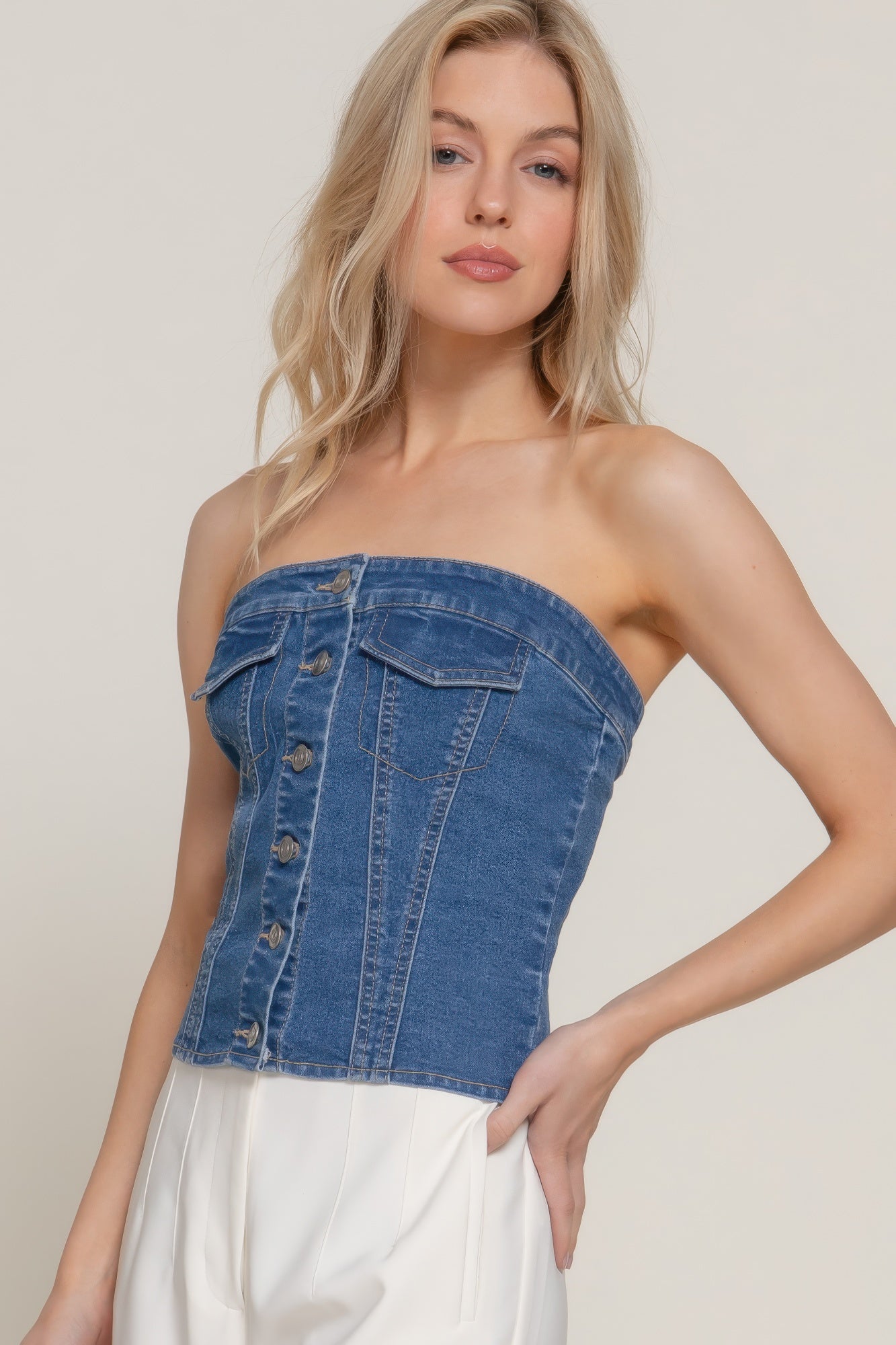 Button Down Placket Stretch Denim Tube Top product image