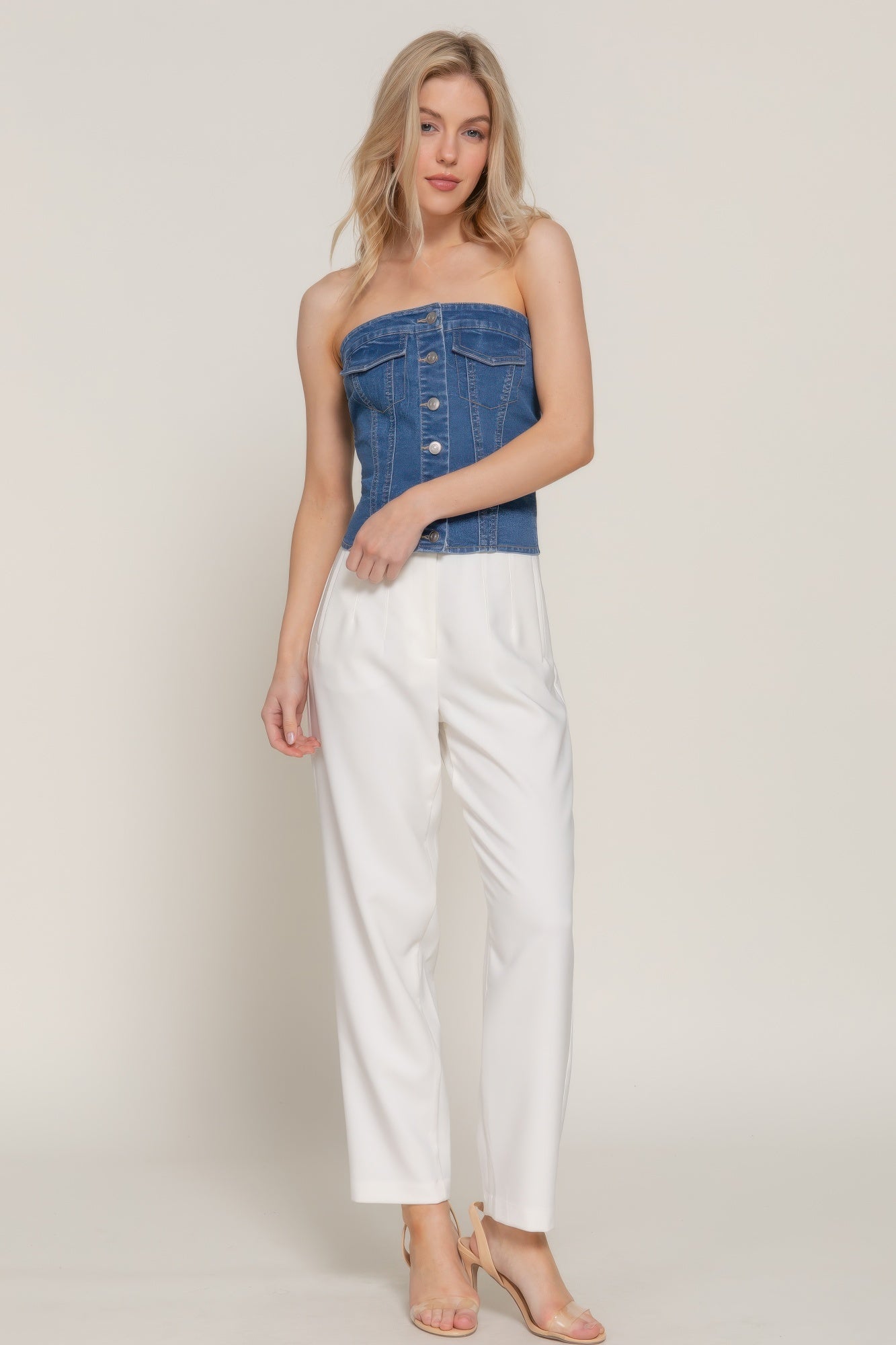 Button Down Placket Stretch Denim Tube Top product image