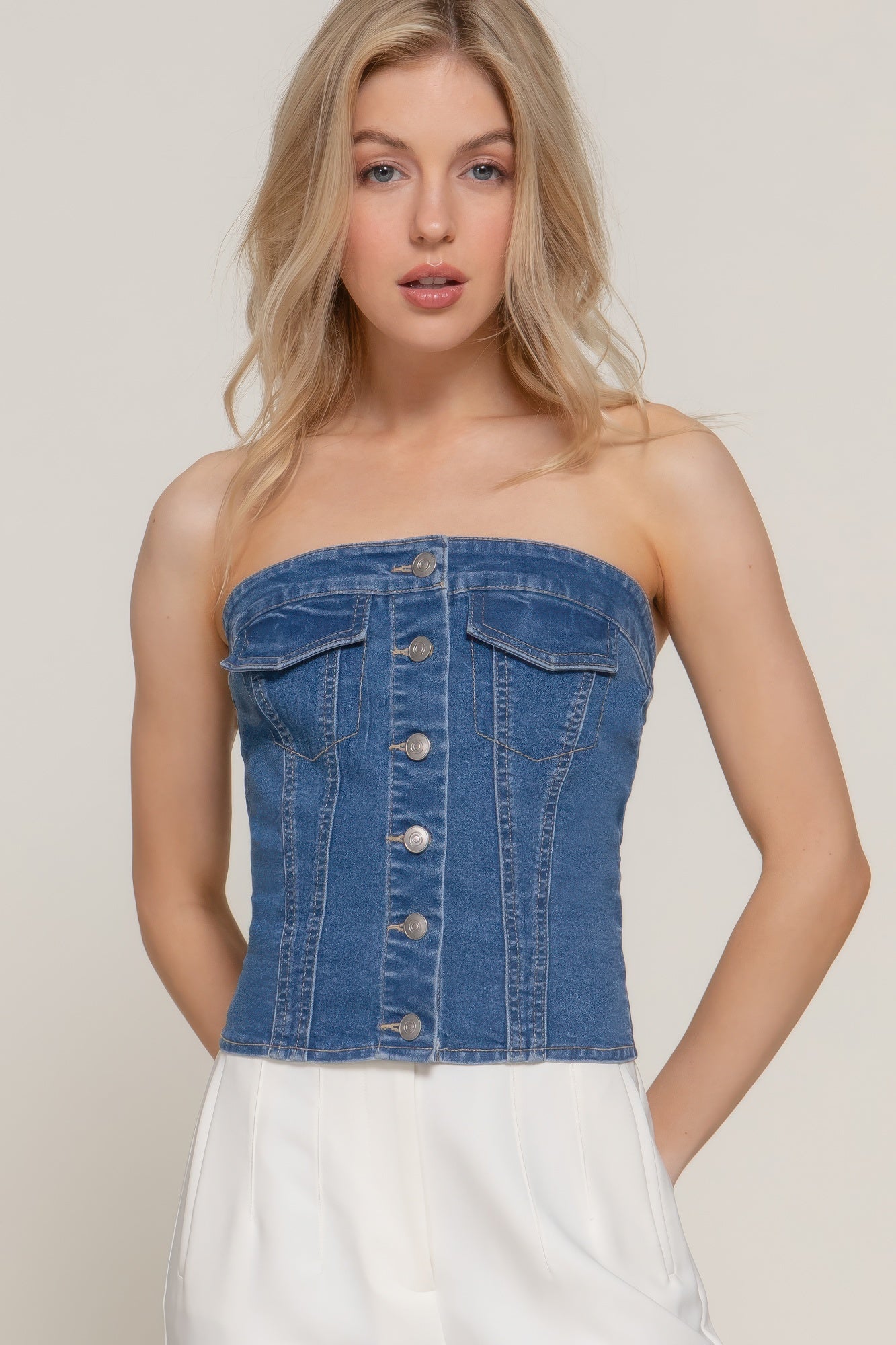 Button Down Placket Stretch Denim Tube Top product image