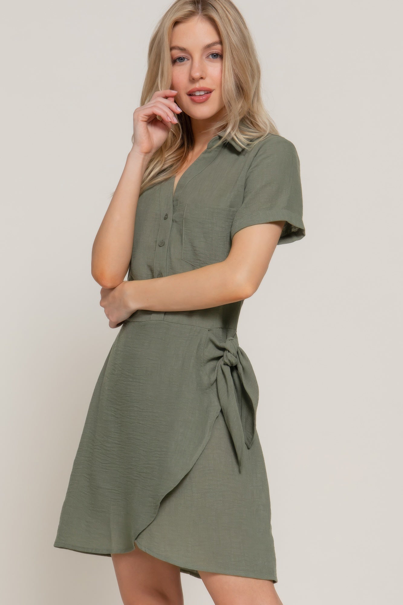 Button Down Side Bow Linen Effect Mini Dress product image