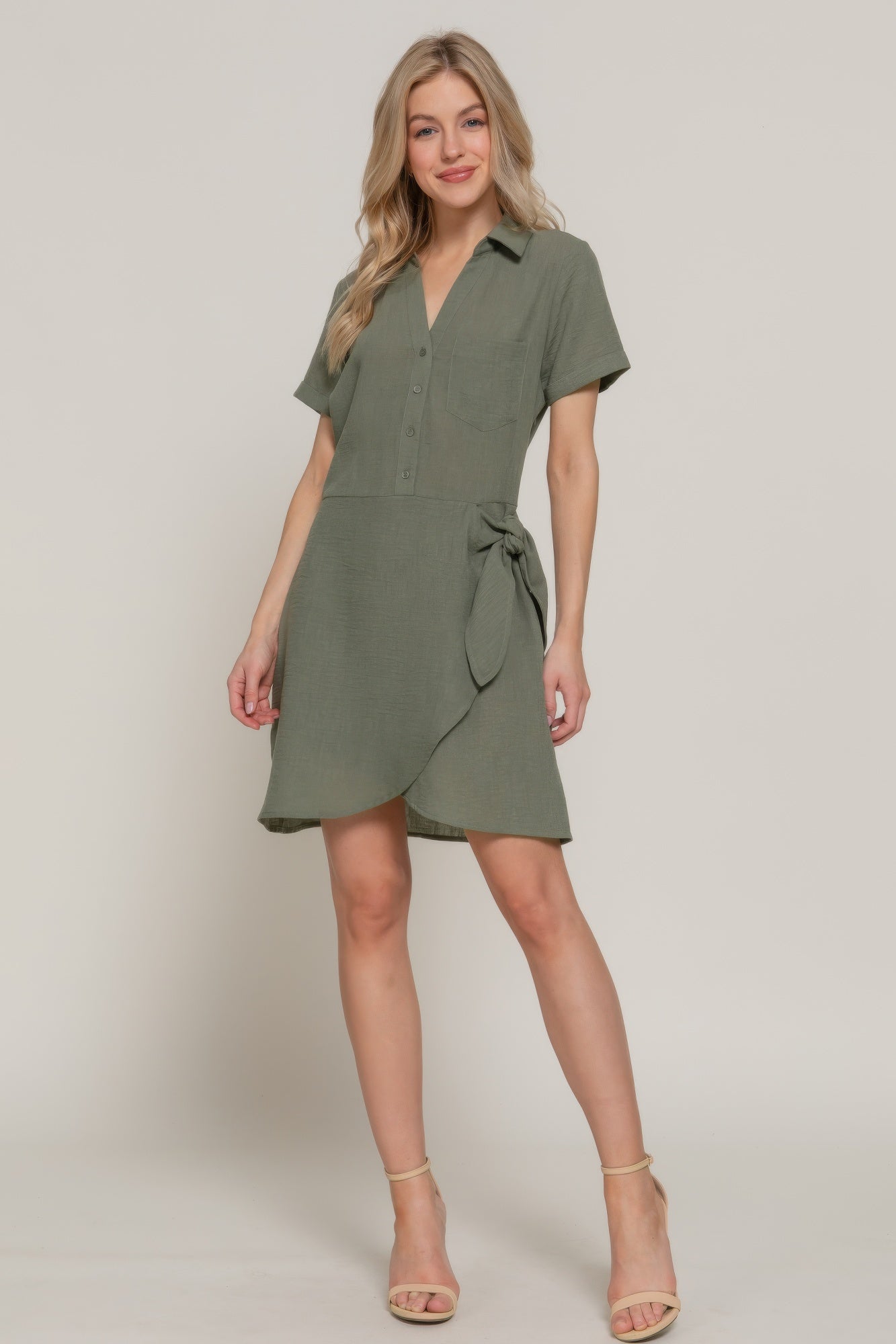 Button Down Side Bow Linen Effect Mini Dress product image