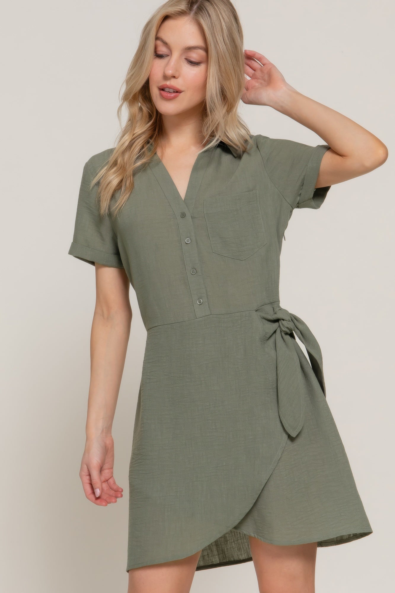 Button Down Side Bow Linen Effect Mini Dress product image