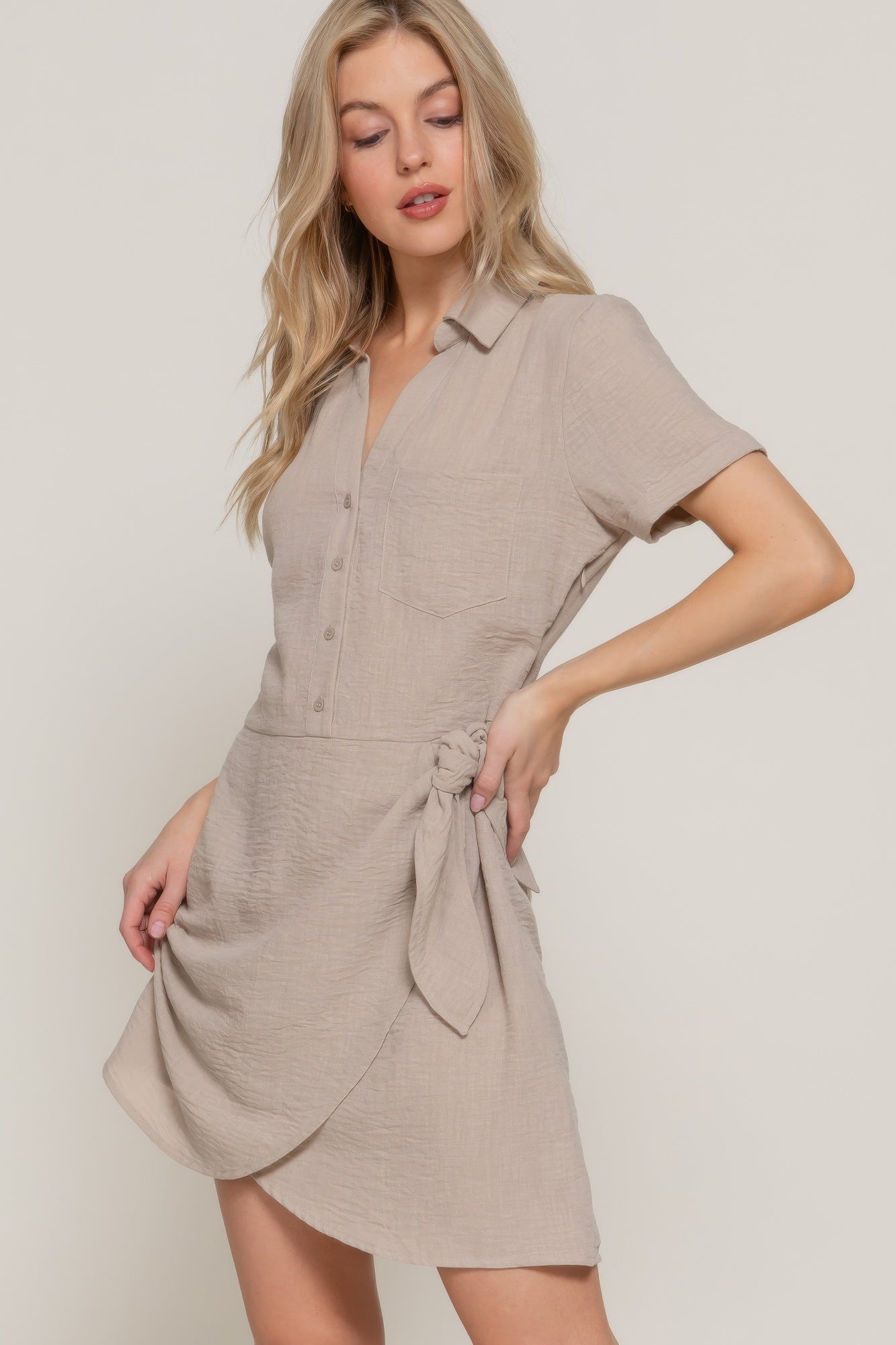 Button Down Side Bow Linen Effect Mini Dress product image