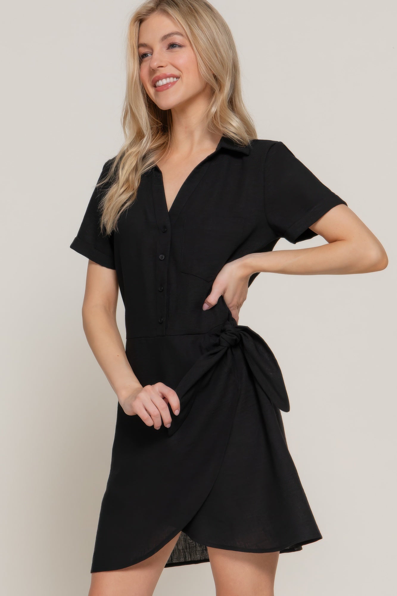 Button Down Side Bow Linen Effect Mini Dress product image