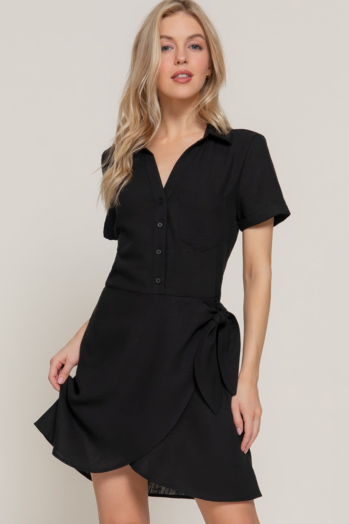 Button Down Side Bow Linen Effect Mini Dress product image