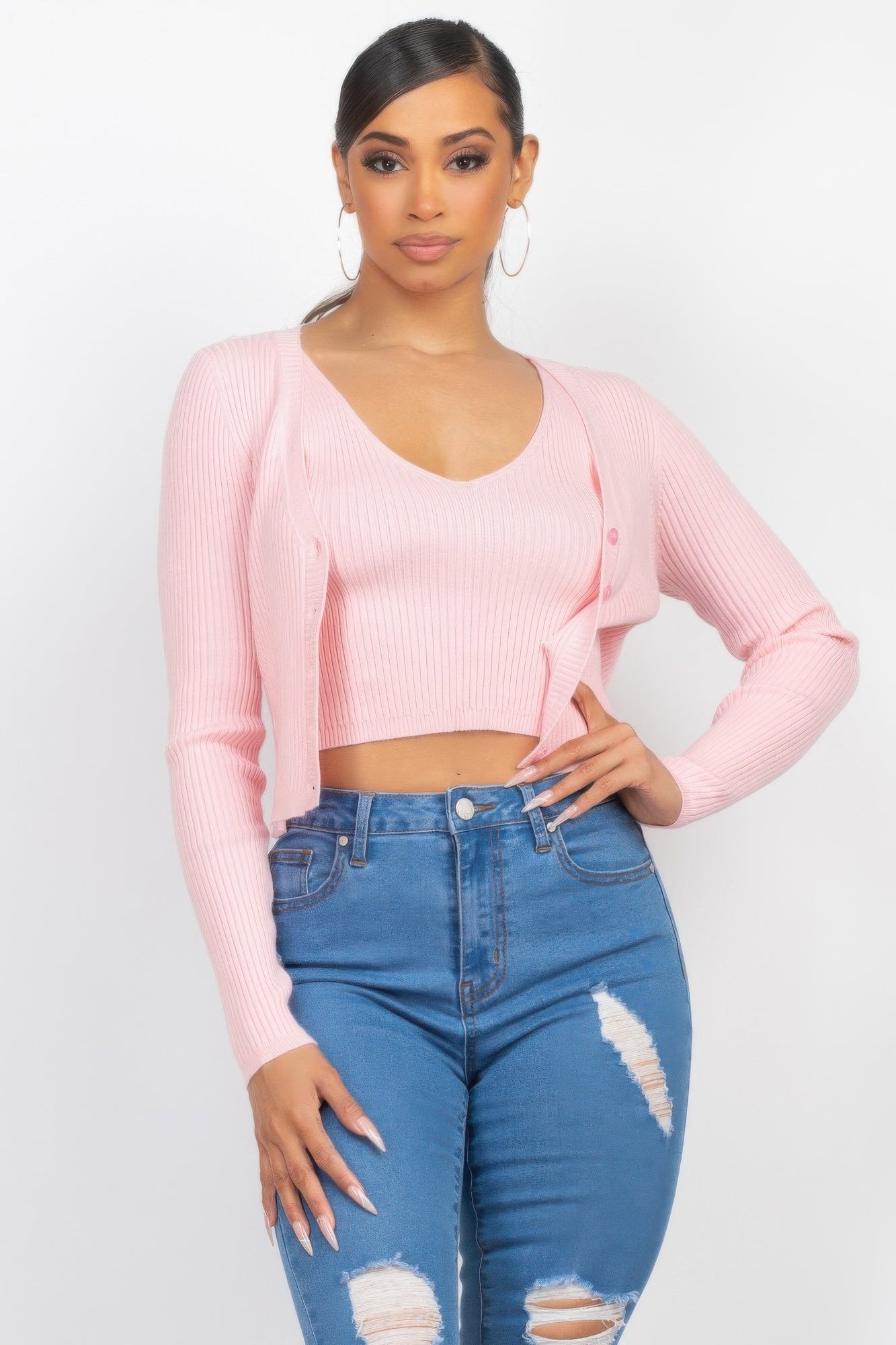 Crop Tank Top & Cardigan Sweater Set product image