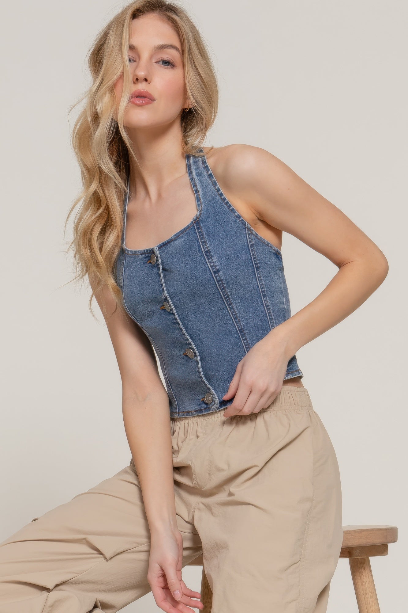 Button Down Stretch Denim Halter Top product image