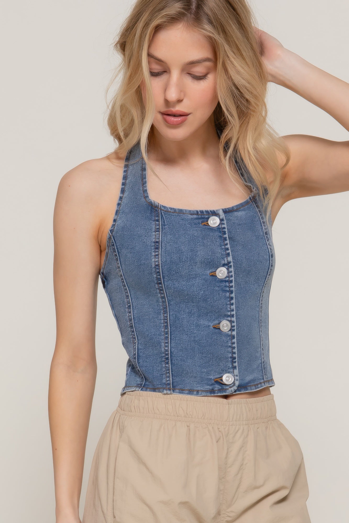 Button Down Stretch Denim Halter Top product image