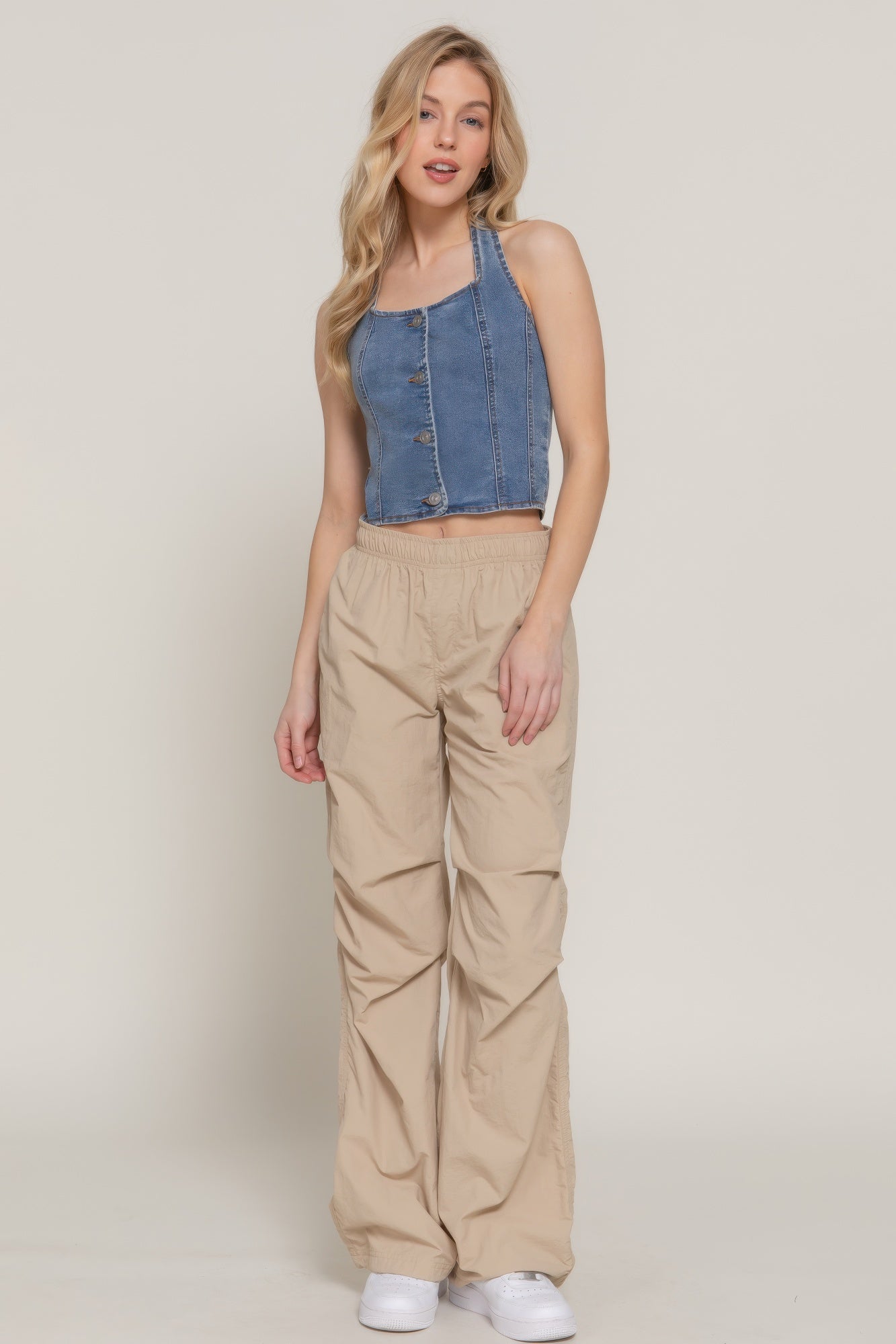 Button Down Stretch Denim Halter Top product image