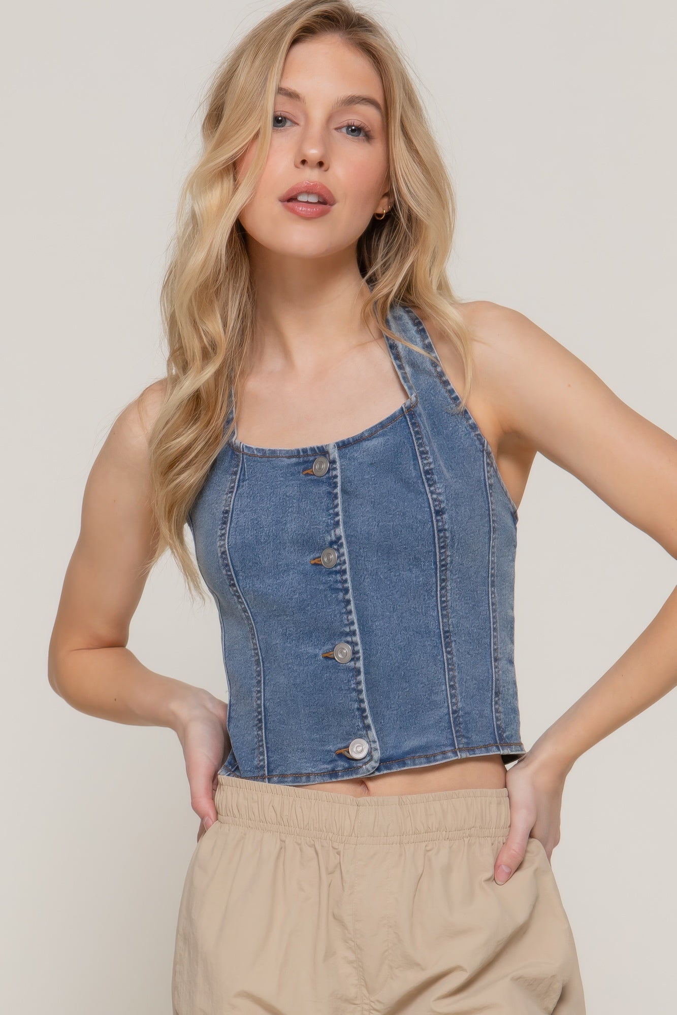 Button Down Stretch Denim Halter Top product image
