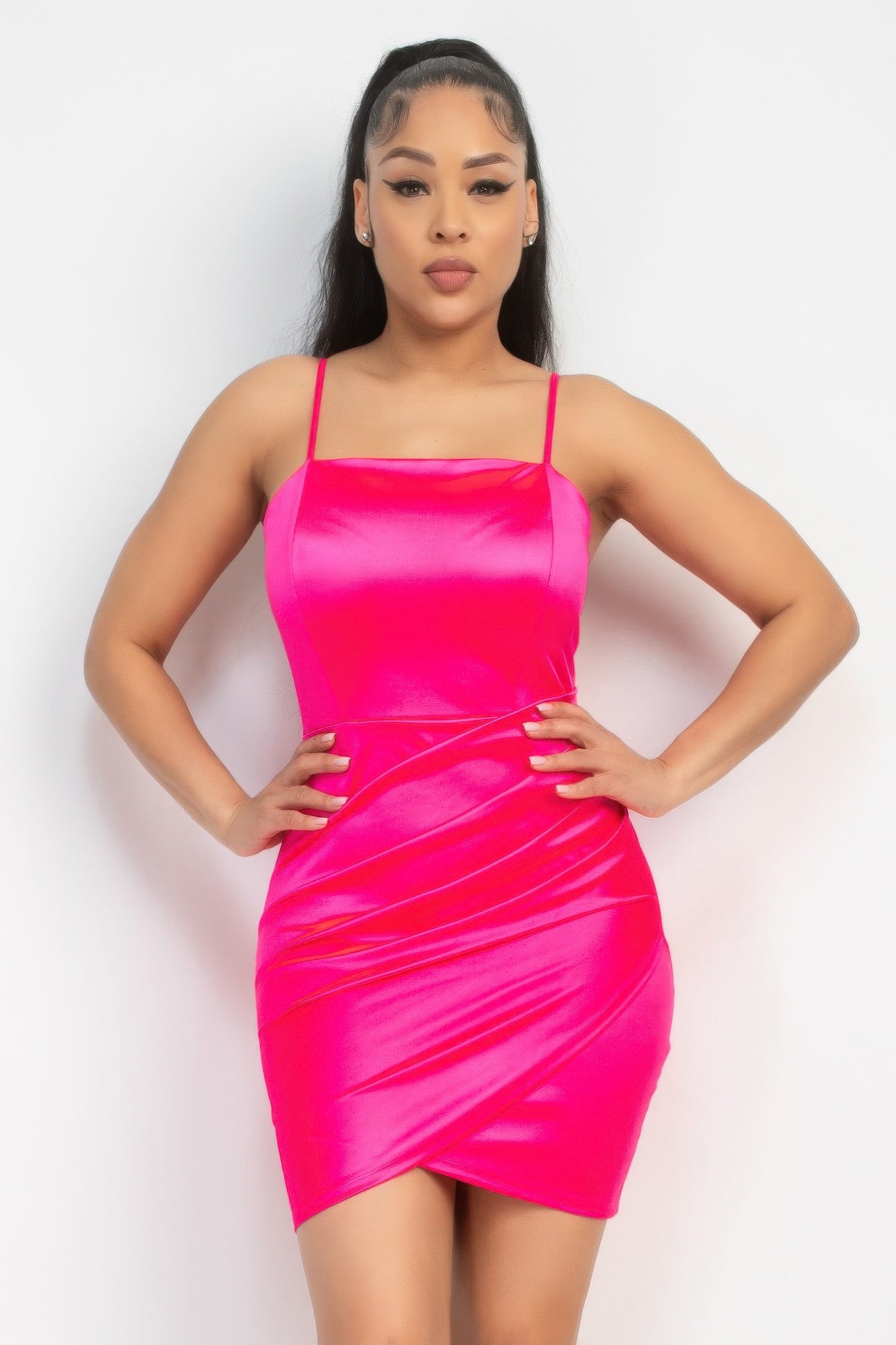 Overlapping Hem Shirred Satin Dress product image
