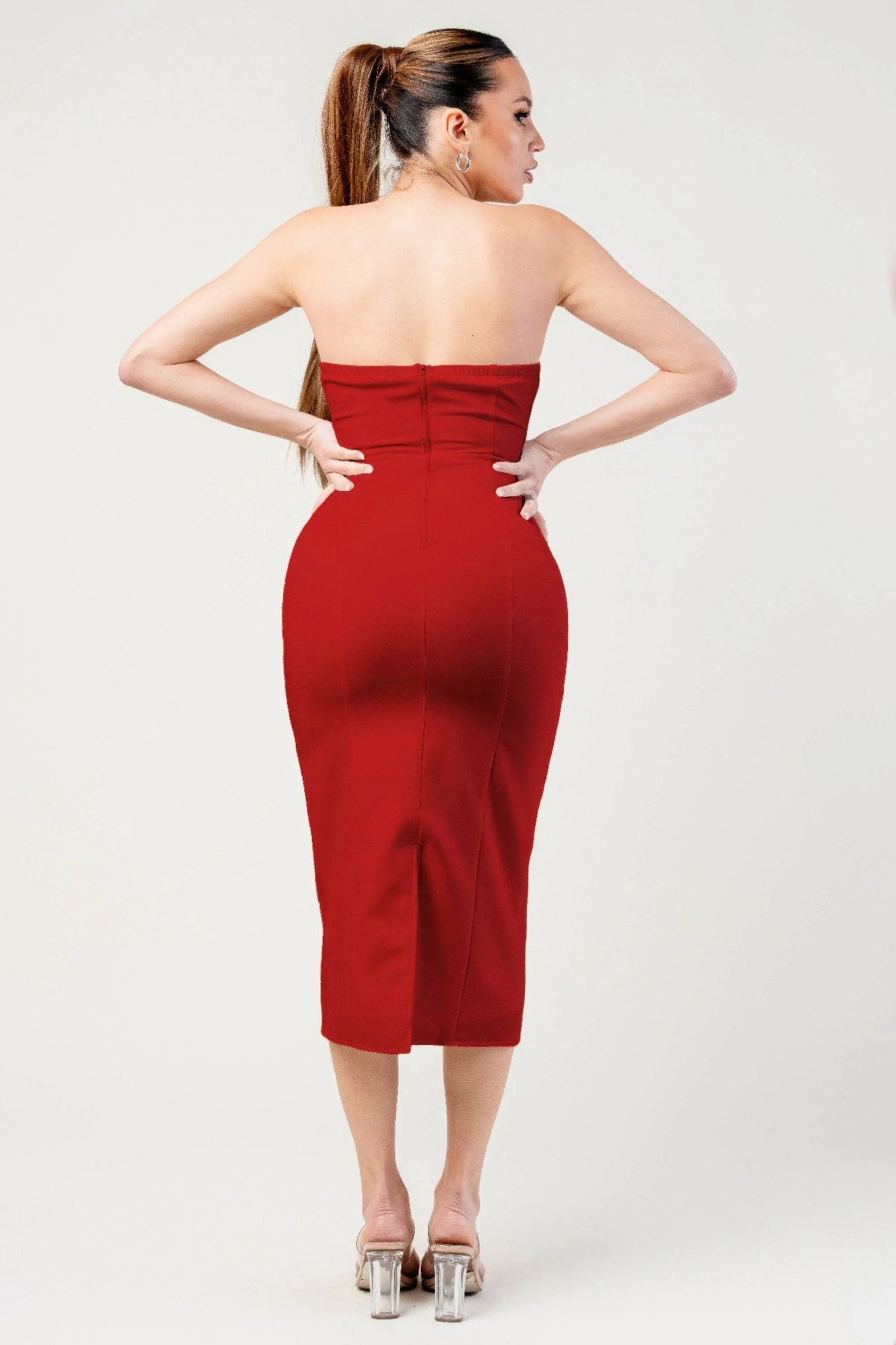 Thick Stretch Woven Sweetheart Neck Tube Midi Dress With Pocket Flap product image