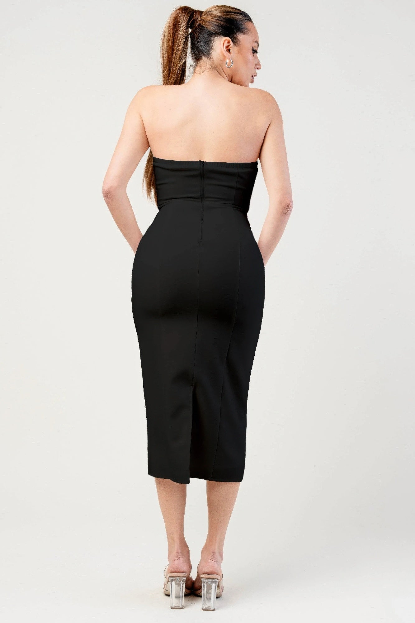 Thick Stretch Woven Sweetheart Neck Tube Midi Dress With Pocket Flap product image