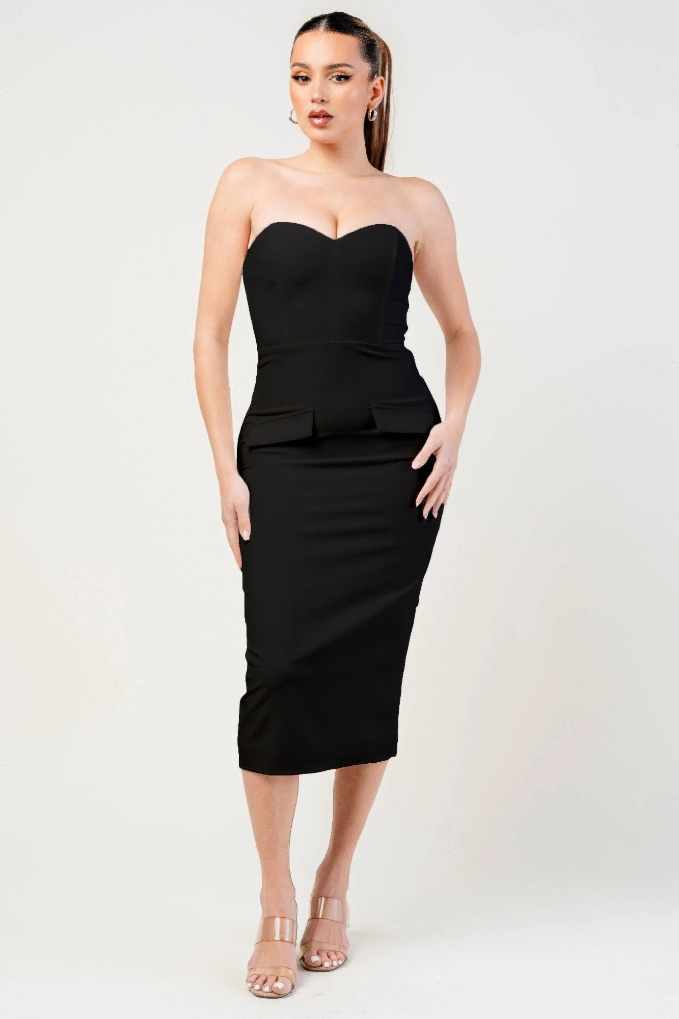 Thick Stretch Woven Sweetheart Neck Tube Midi Dress With Pocket Flap product image