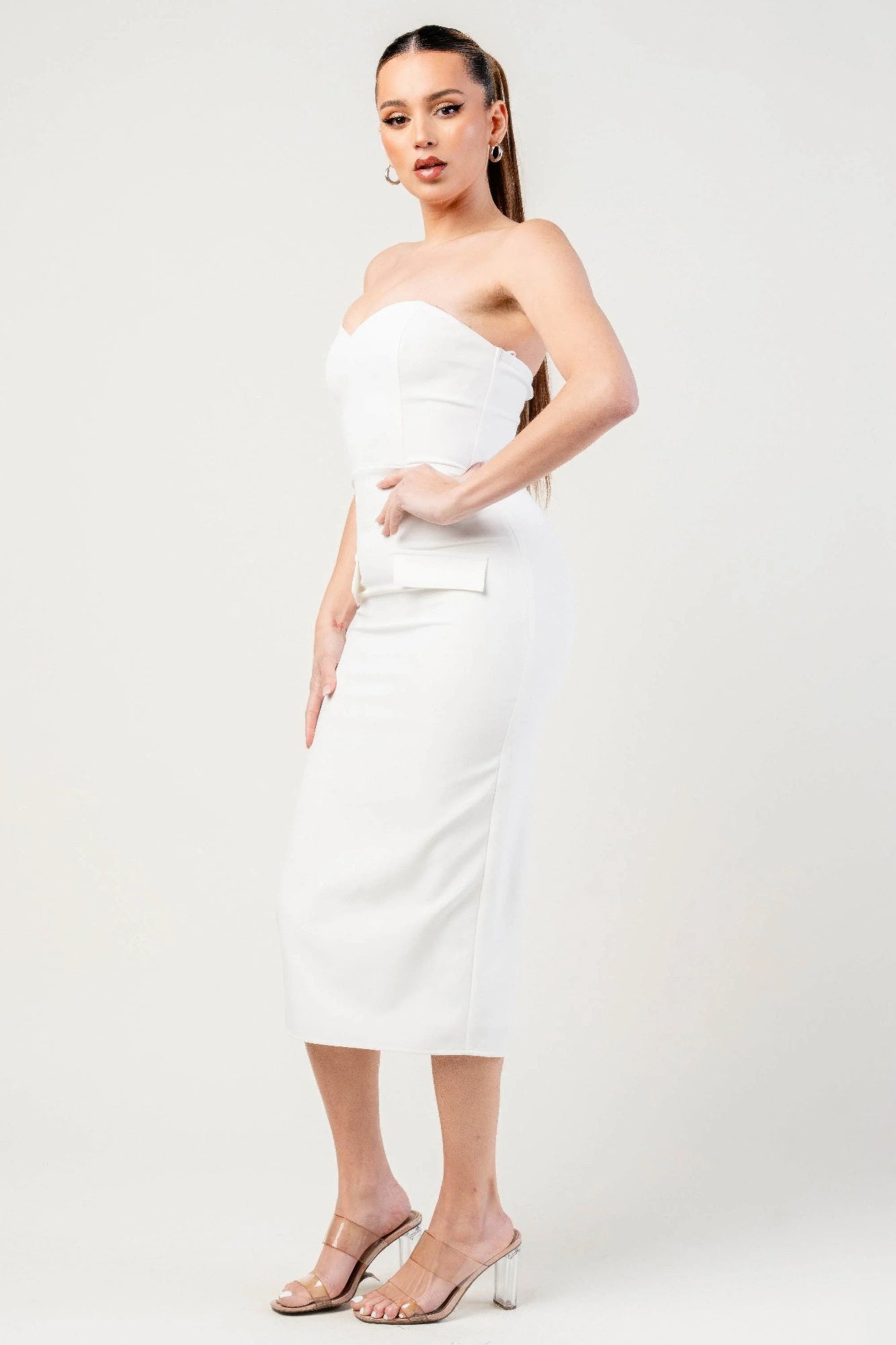 Thick Stretch Woven Sweetheart Neck Tube Midi Dress With Pocket Flap product image