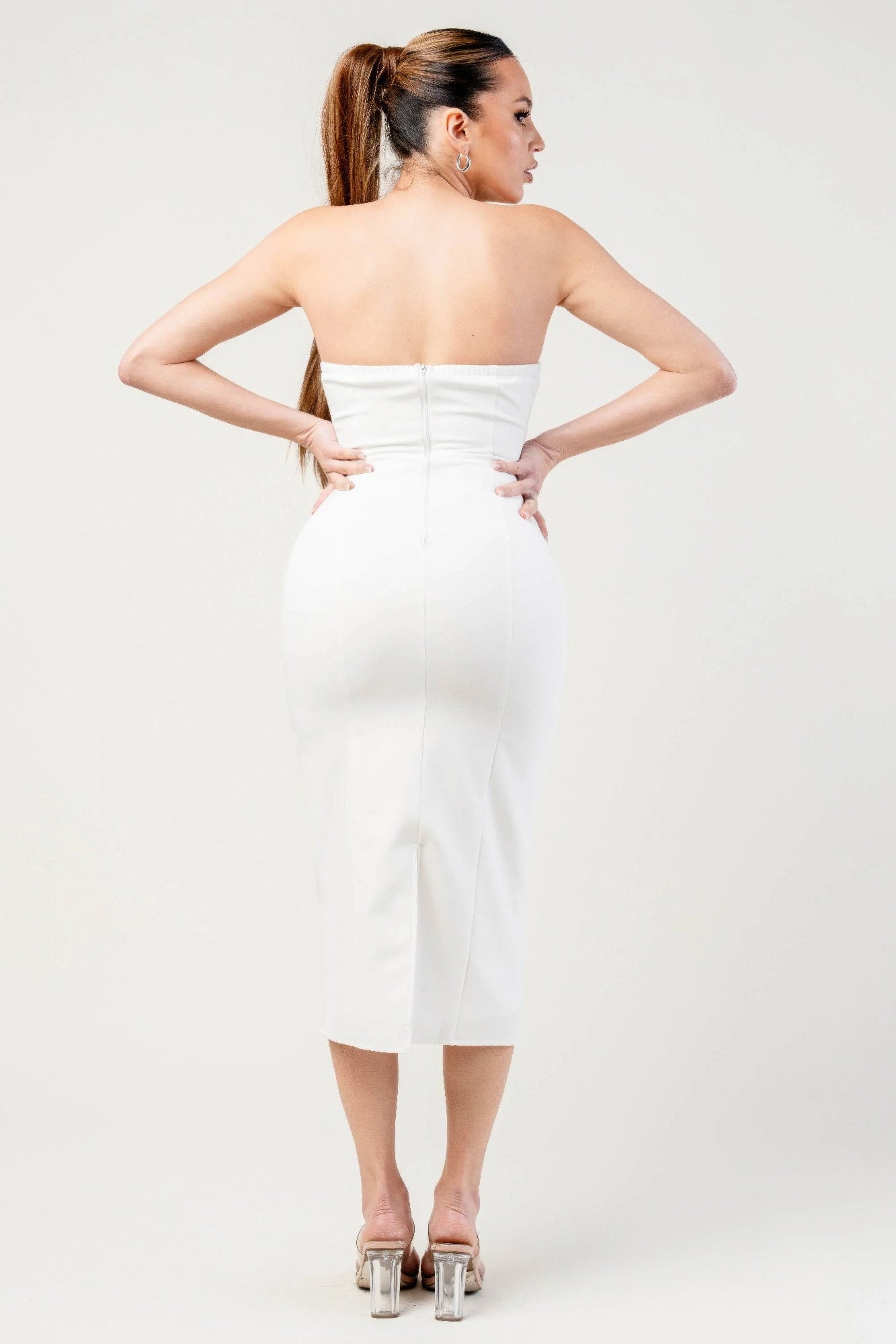 Thick Stretch Woven Sweetheart Neck Tube Midi Dress With Pocket Flap product image