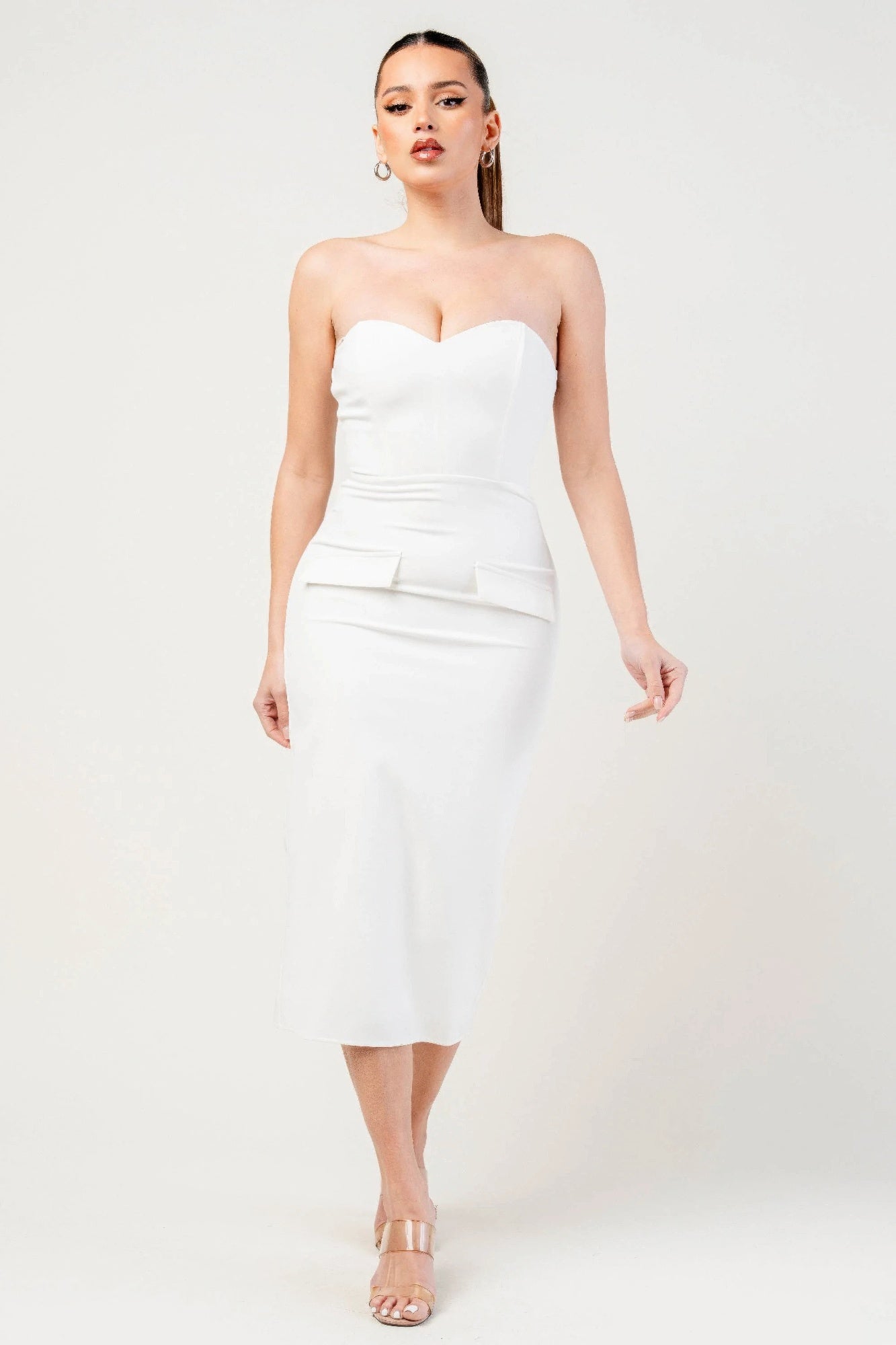 Thick Stretch Woven Sweetheart Neck Tube Midi Dress With Pocket Flap product image