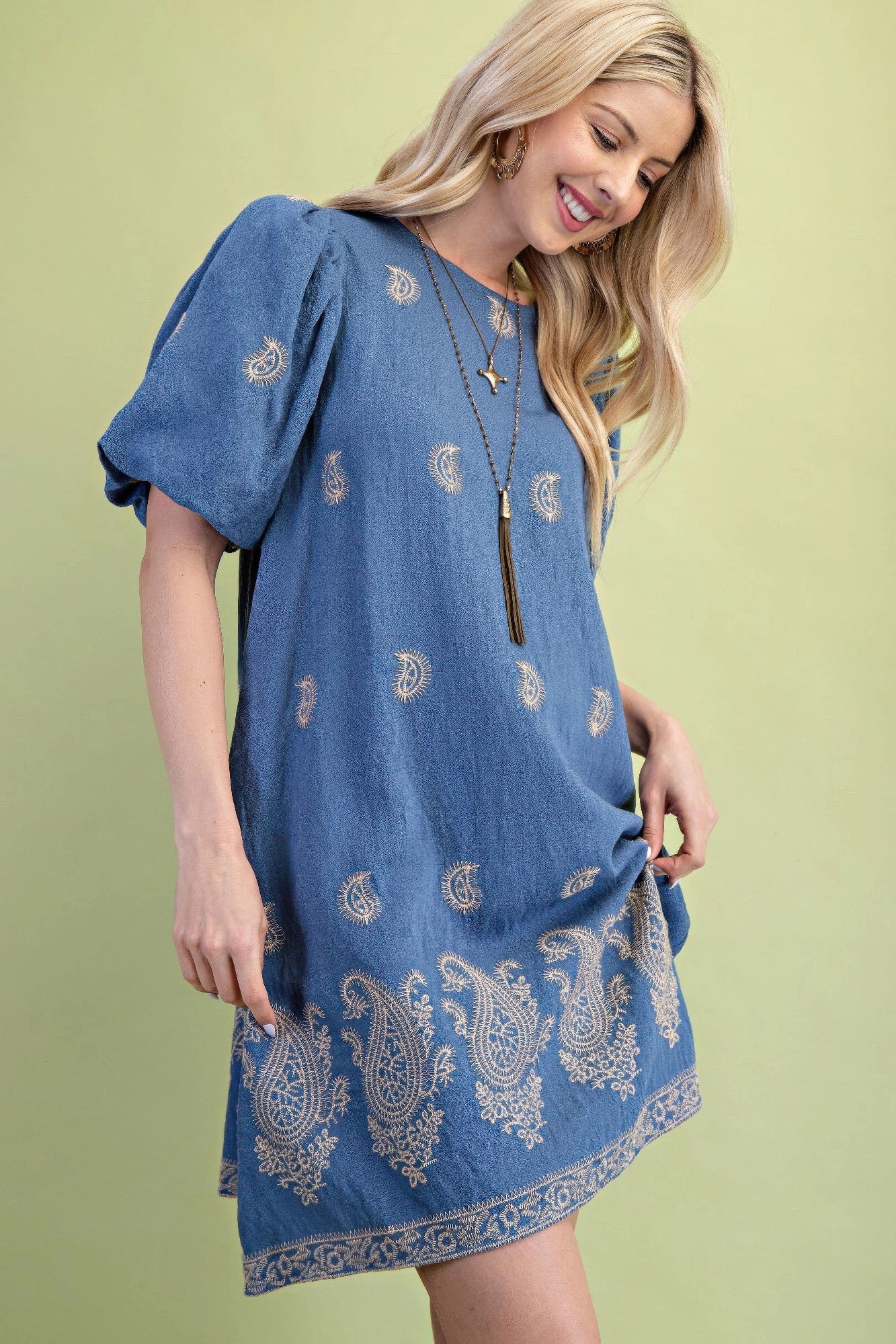 Paisley Embroidered Round Neck Mini Dress With Short Puff Sleeves product image