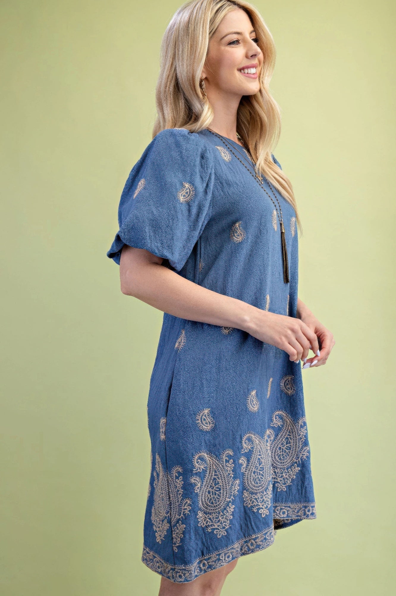 Paisley Embroidered Round Neck Mini Dress With Short Puff Sleeves product image